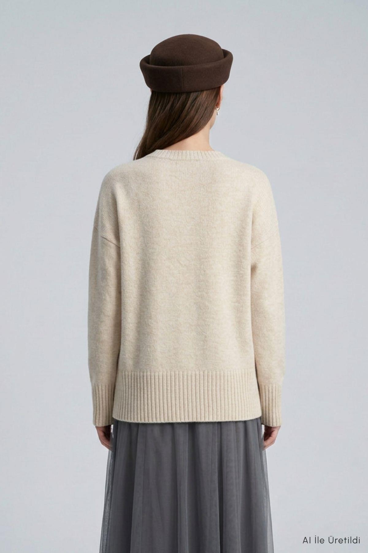Bisiklet Yaka Oversize Triko Kazak 2521 Ekru - Rays