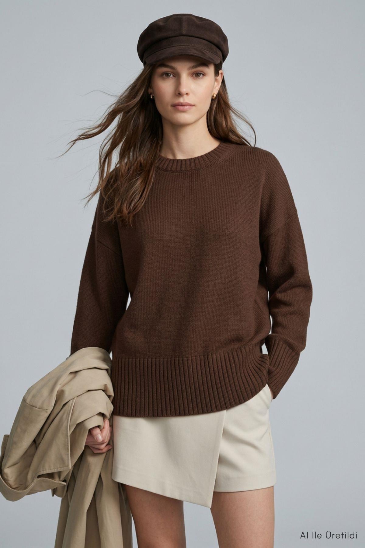Bisiklet Yaka Oversize Triko Kazak 2521 Kahve - Rays