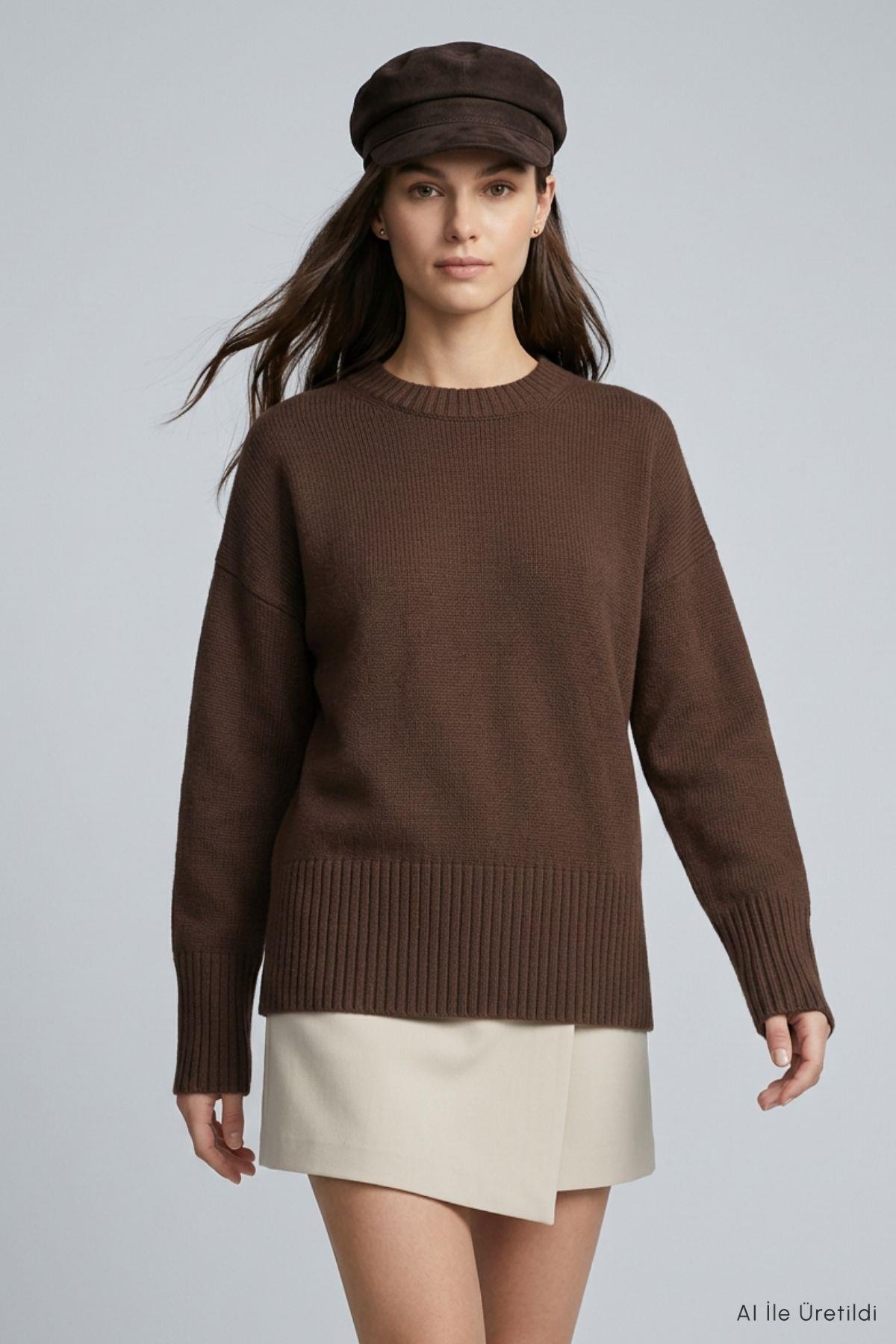 Bisiklet Yaka Oversize Triko Kazak 2521 Kahve - Rays (1)
