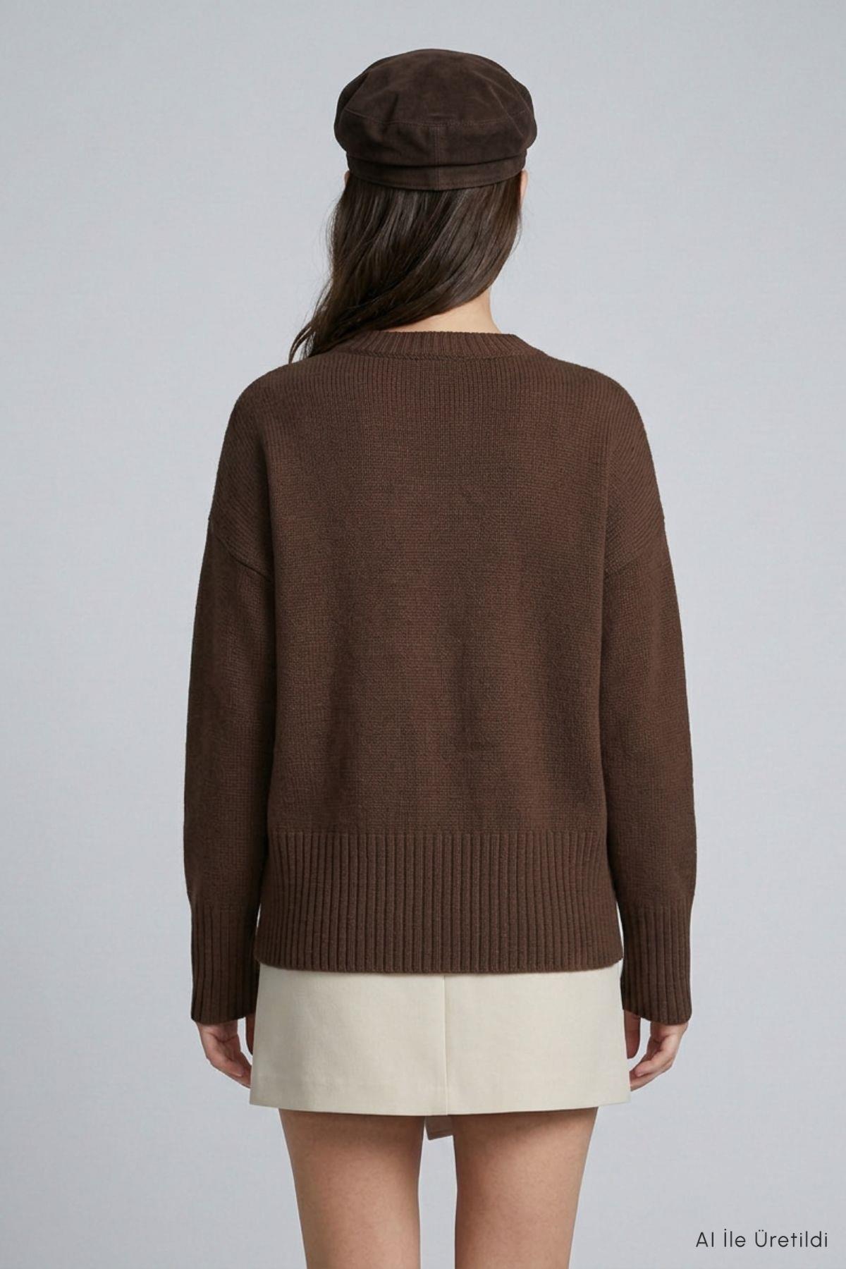 Bisiklet Yaka Oversize Triko Kazak 2521 Kahve - Rays