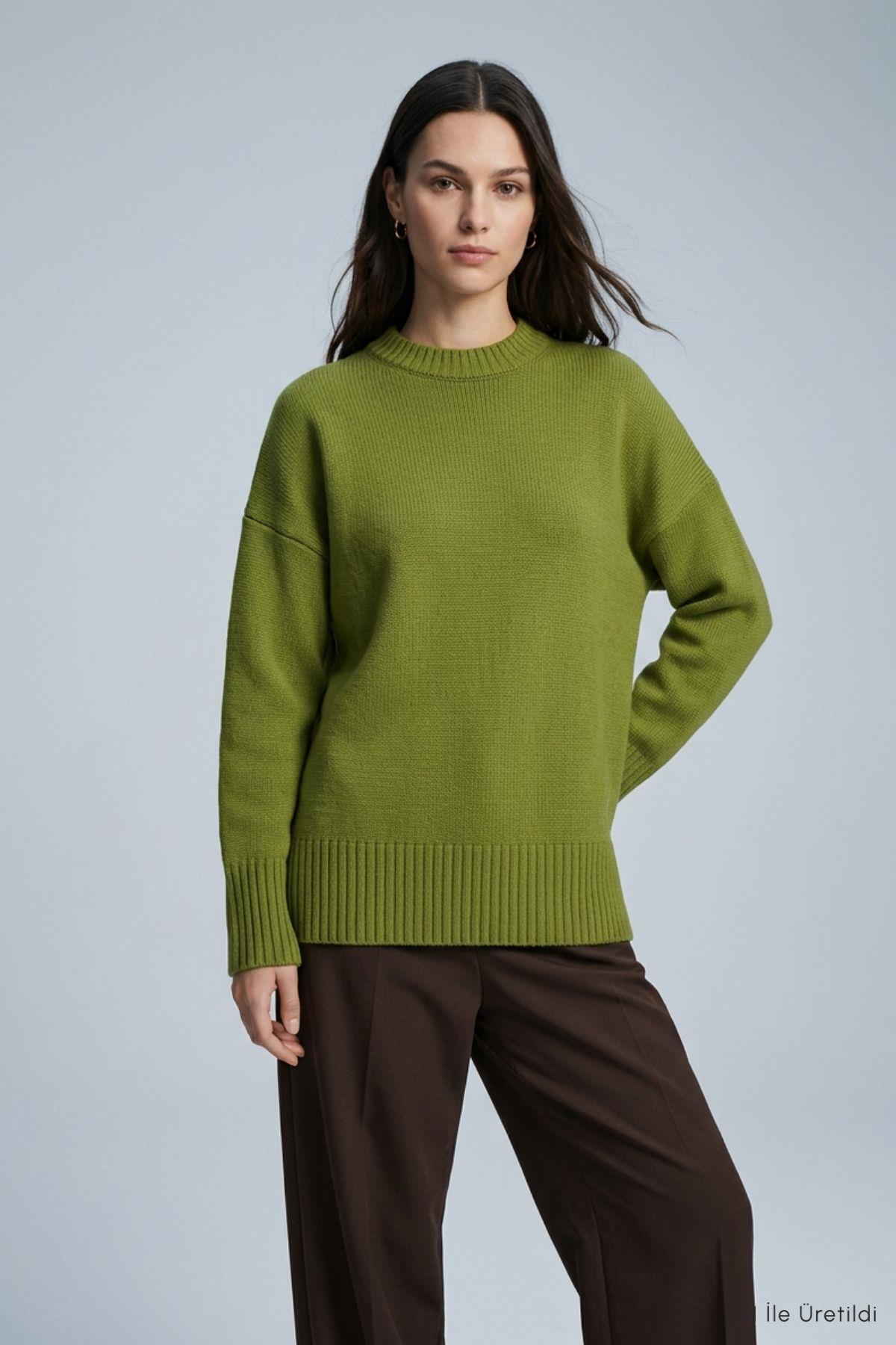 Bisiklet Yaka Oversize Triko Kazak 2521 Olive Yeşili - 1