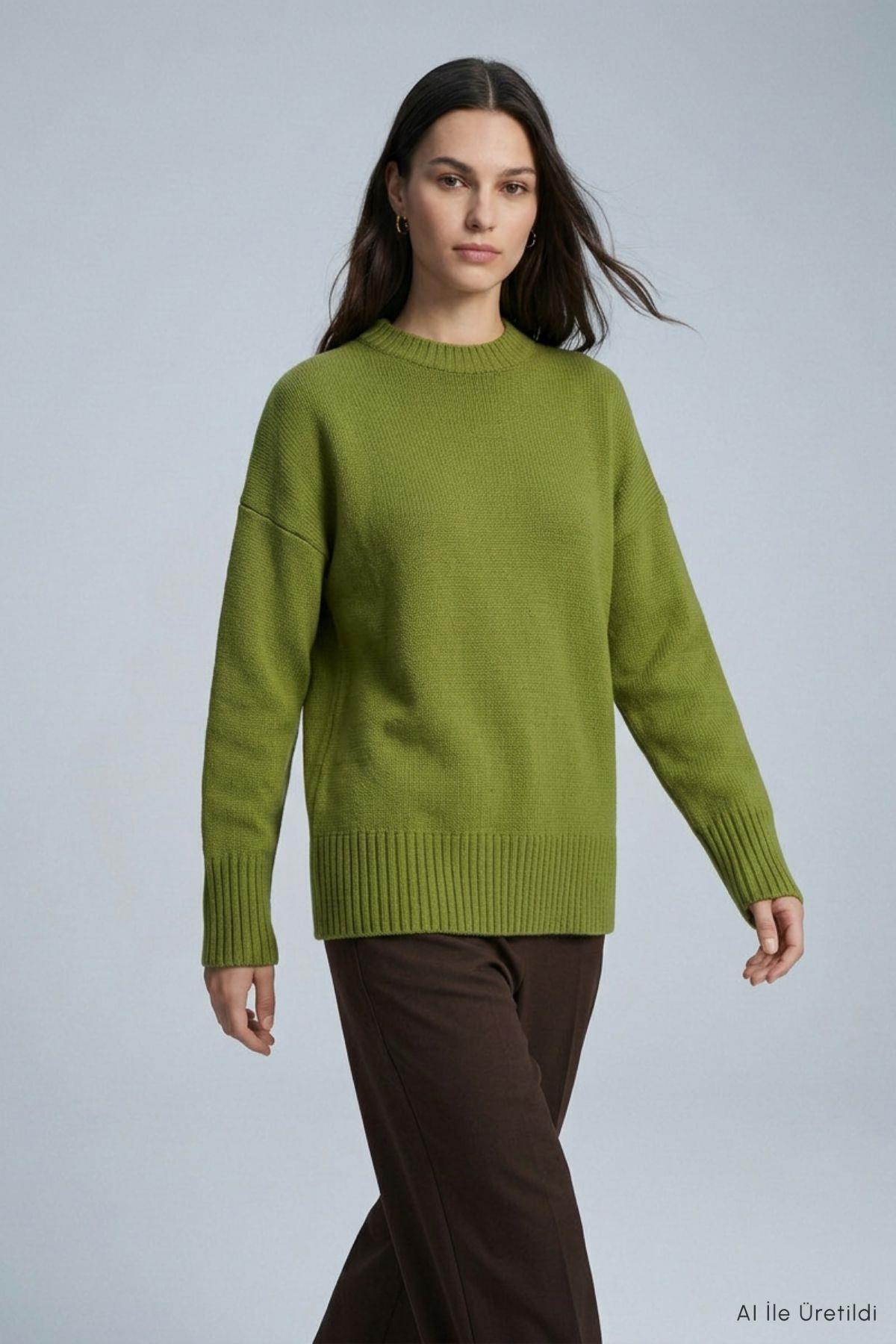 Bisiklet Yaka Oversize Triko Kazak 2521 Olive Yeşili - Rays (1)
