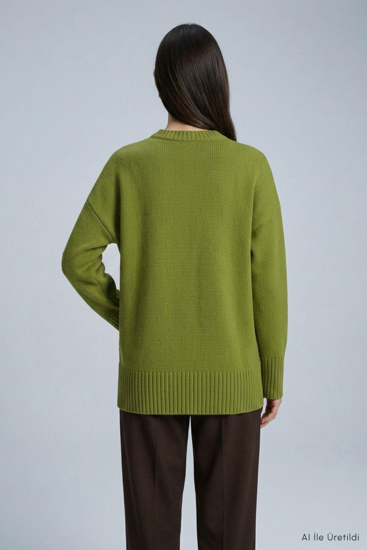 Bisiklet Yaka Oversize Triko Kazak 2521 Olive Yeşili - Rays