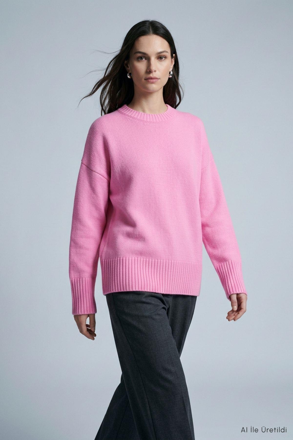 Bisiklet Yaka Oversize Triko Kazak 2521 Pembe - Rays