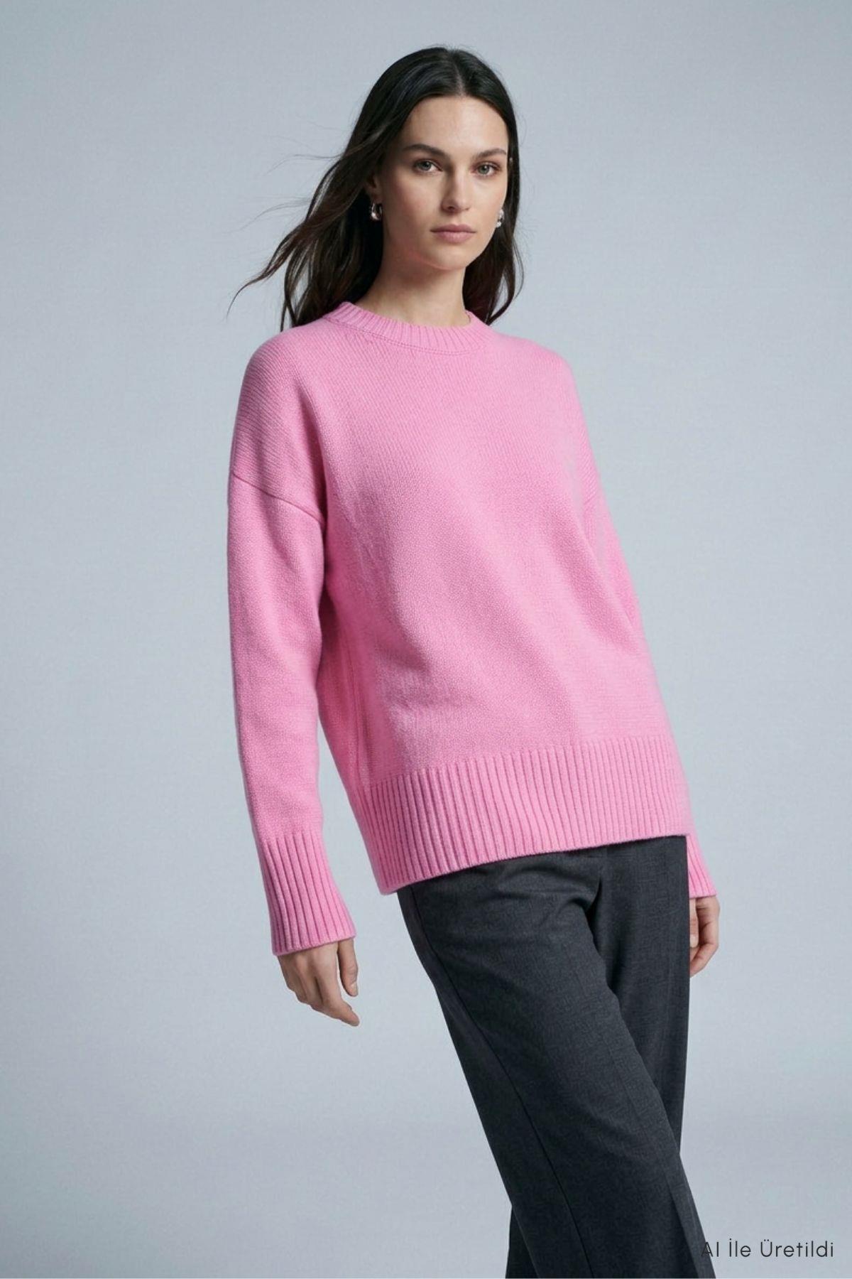Bisiklet Yaka Oversize Triko Kazak 2521 Pembe - Rays (1)