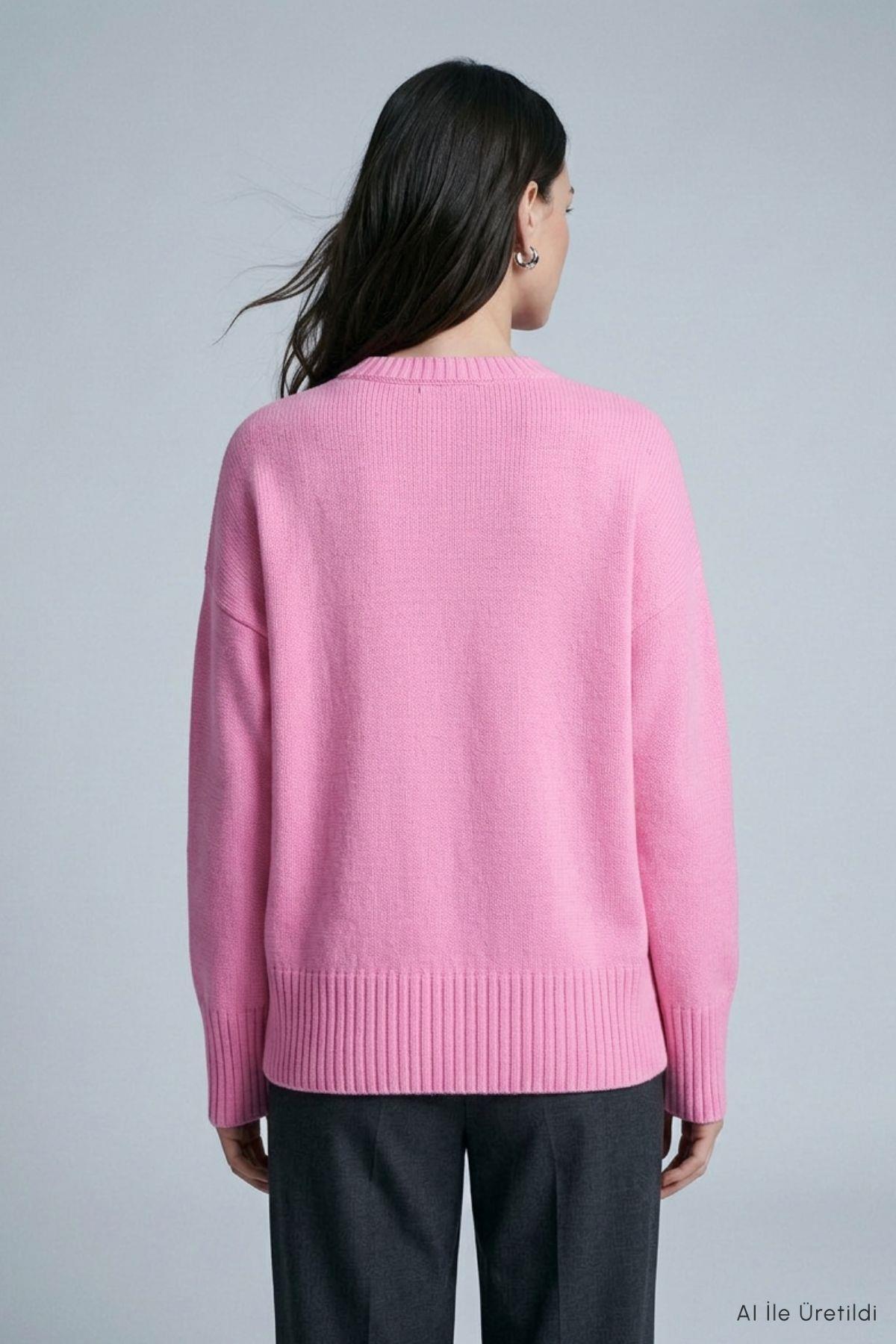 Bisiklet Yaka Oversize Triko Kazak 2521 Pembe - 3