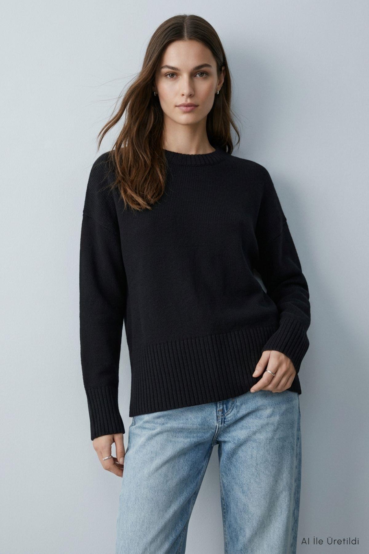 Bisiklet Yaka Oversize Triko Kazak 2521 Siyah - 1