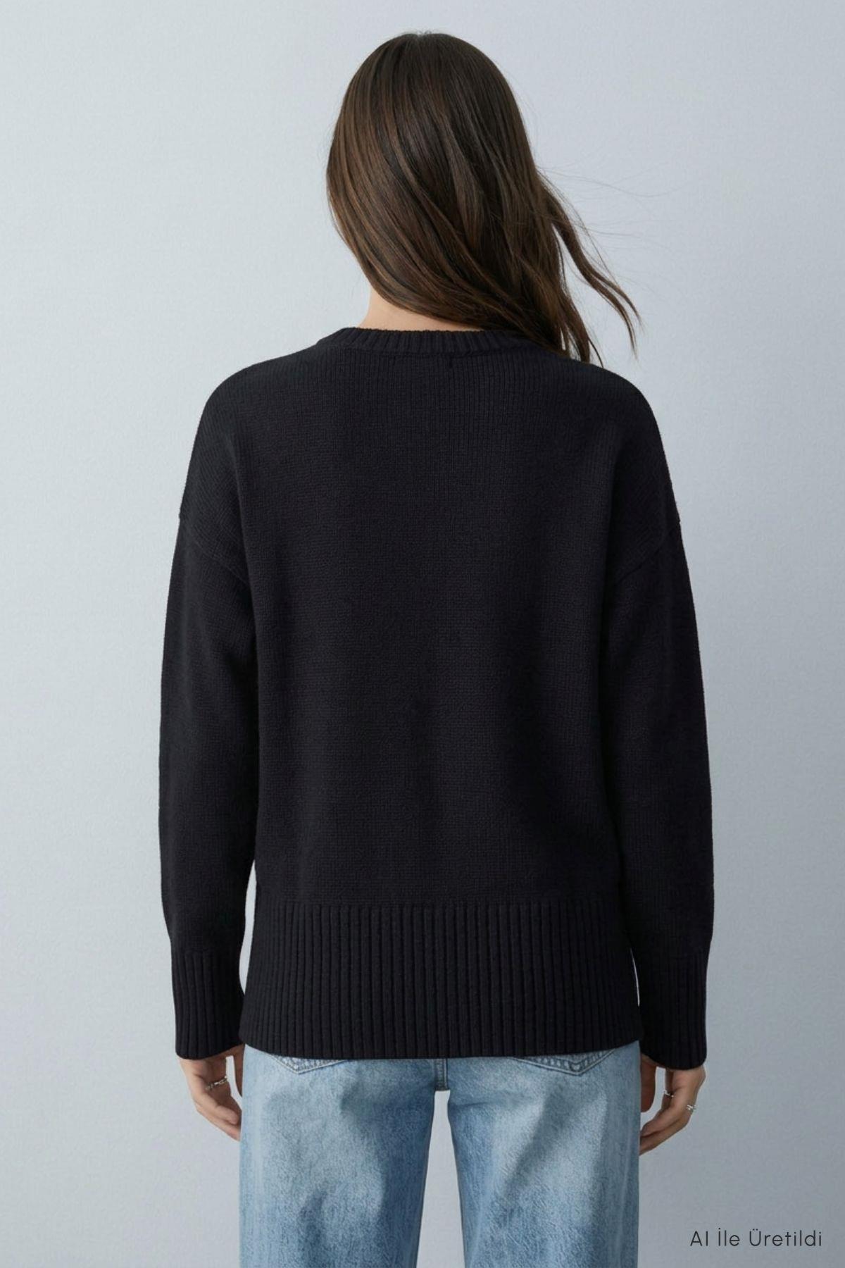 Bisiklet Yaka Oversize Triko Kazak 2521 Siyah - 3