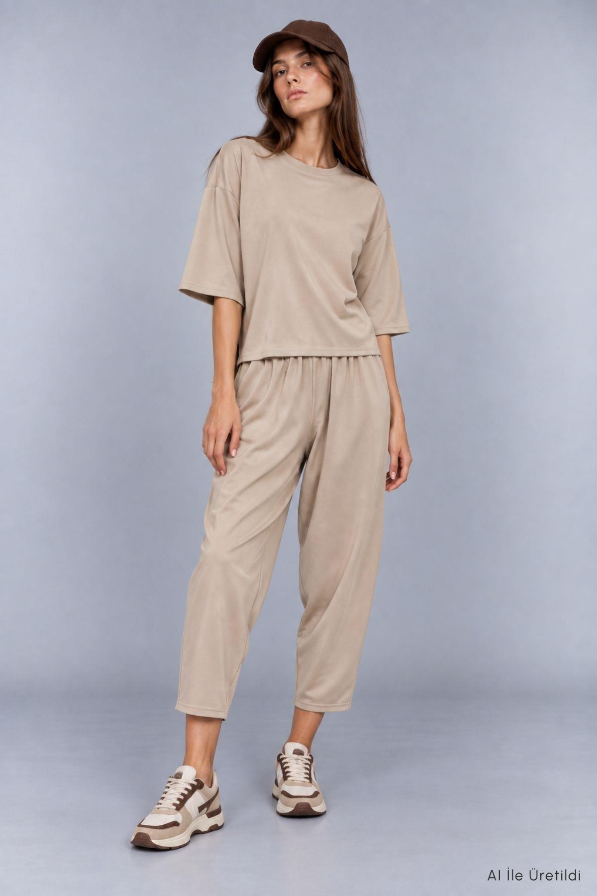 Bisiklet Yaka Pantolon Takım 8749A Bej - RAYS