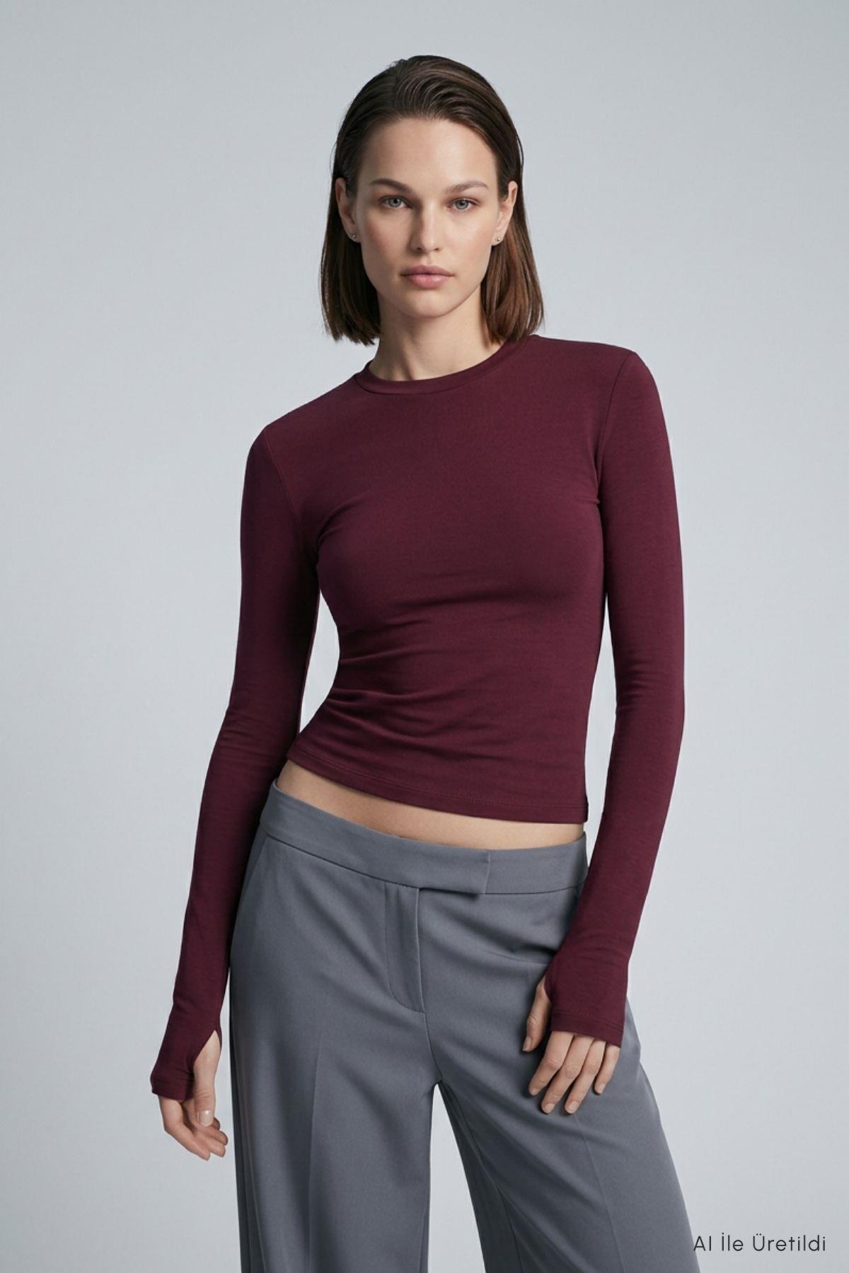 Bisiklet Yaka Parmak Geçirmeli Penye Body 911 Bordo - 1