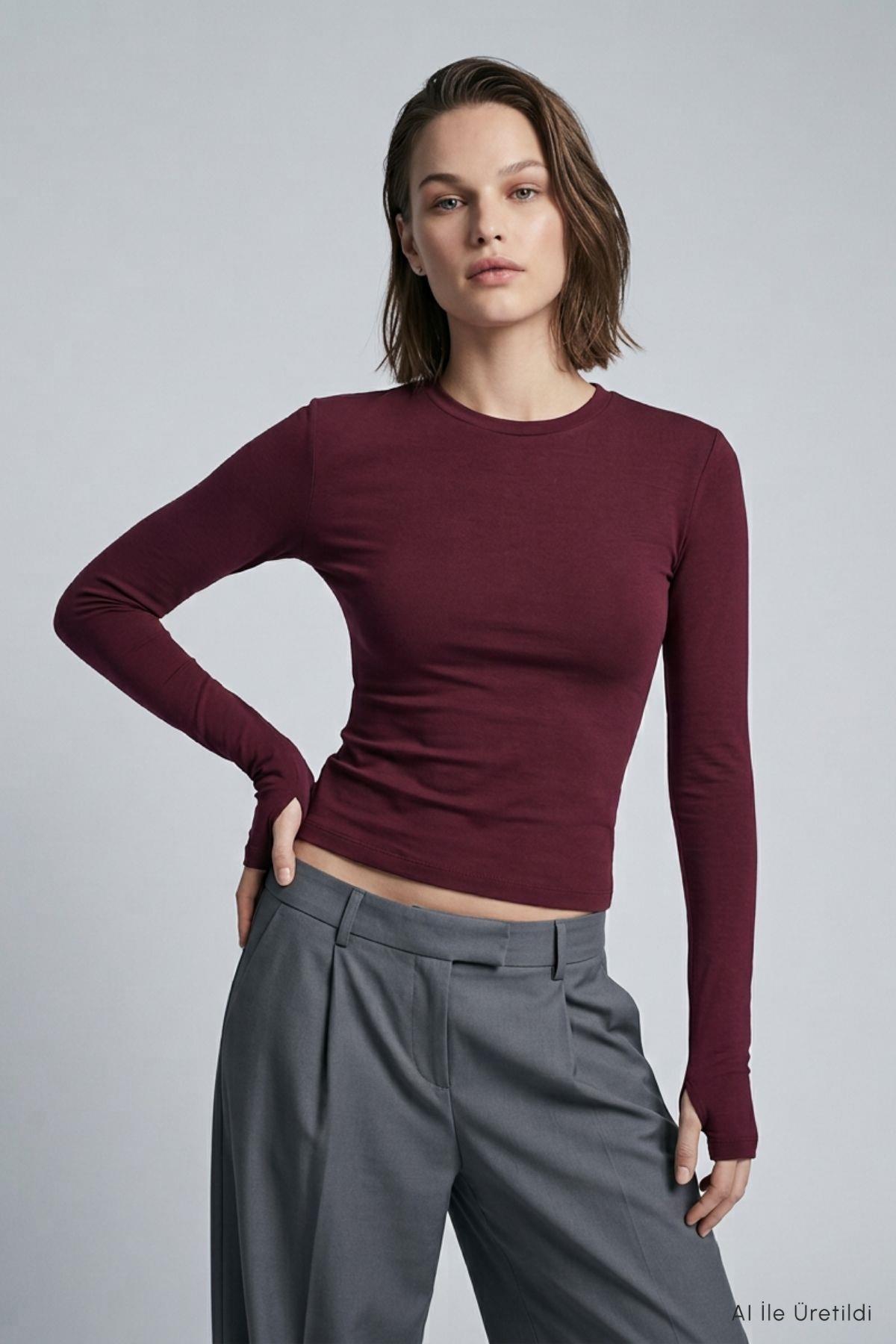 Bisiklet Yaka Parmak Geçirmeli Penye Body 911 Bordo - 3