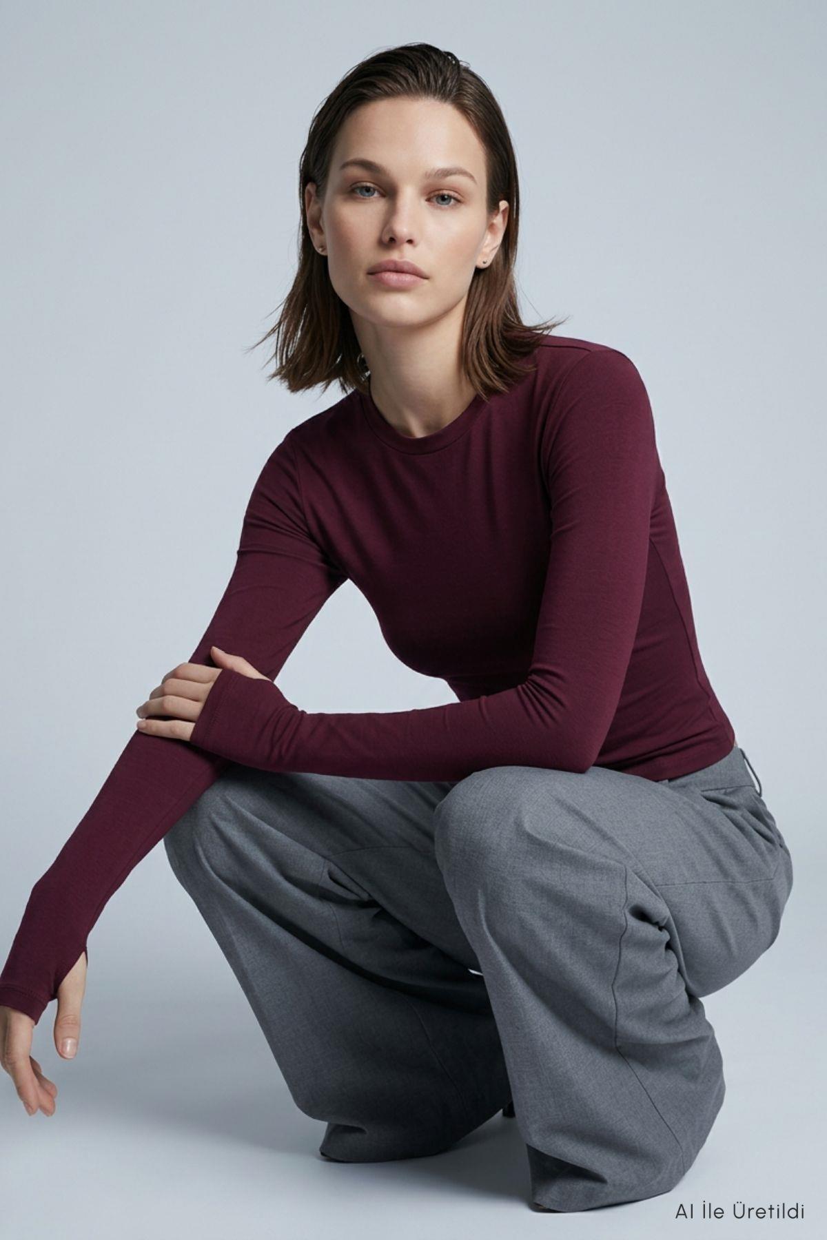Bisiklet Yaka Parmak Geçirmeli Penye Body 911 Bordo - 4