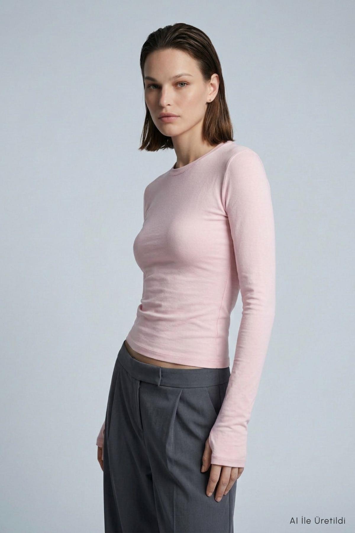 Bisiklet Yaka Parmak Geçirmeli Penye Body 911 Pembe - RAYS