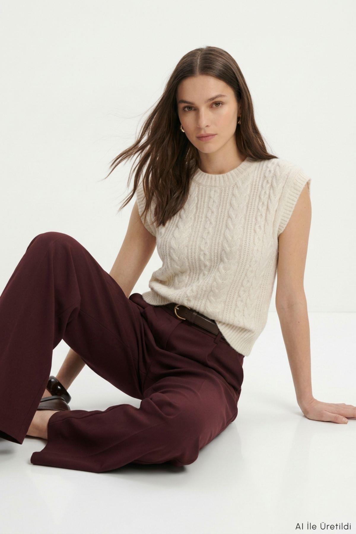 Bisiklet Yaka Saç Örgü Triko Süveter 2631 Natural - 2