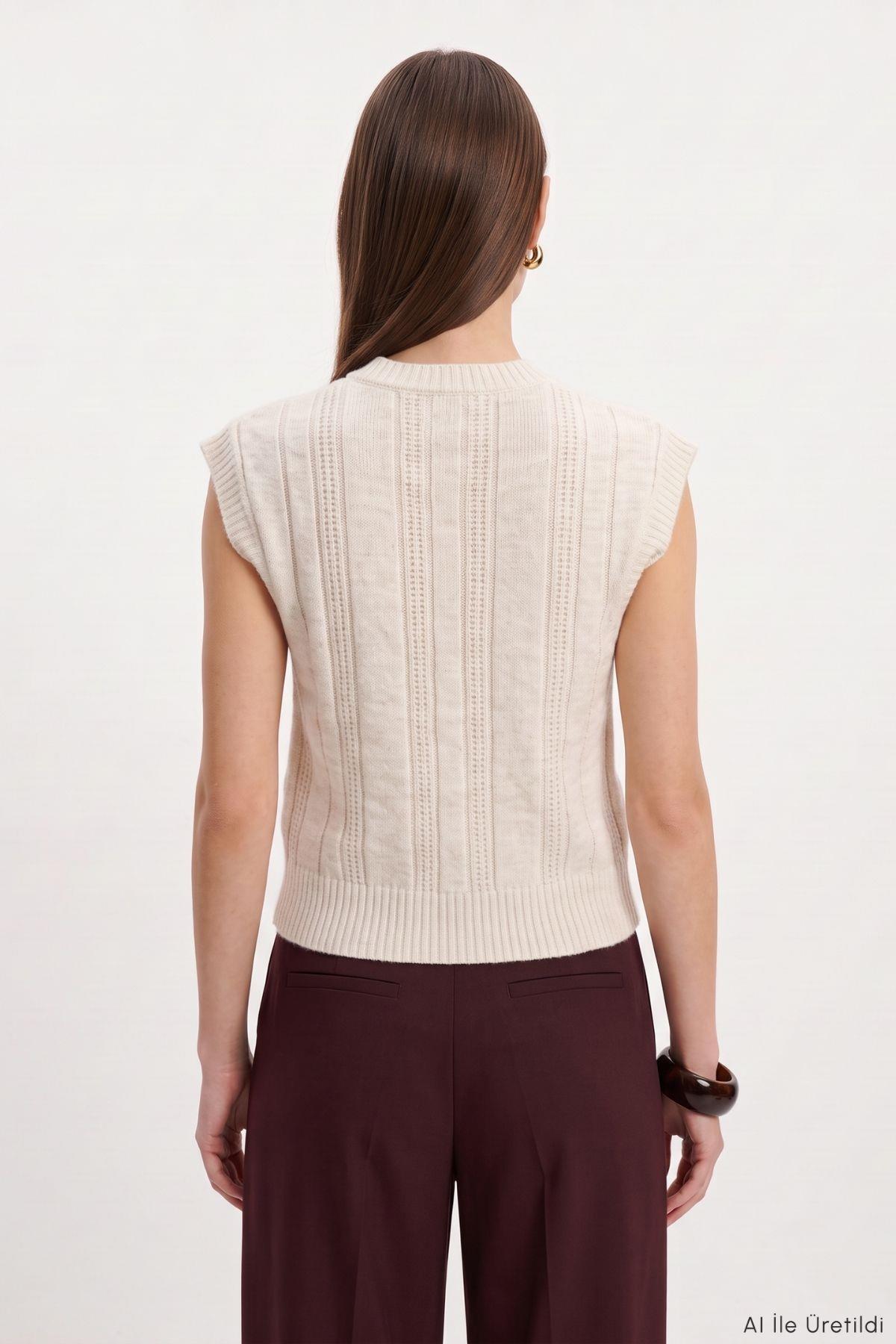 Bisiklet Yaka Saç Örgü Triko Süveter 2631 Natural - 4