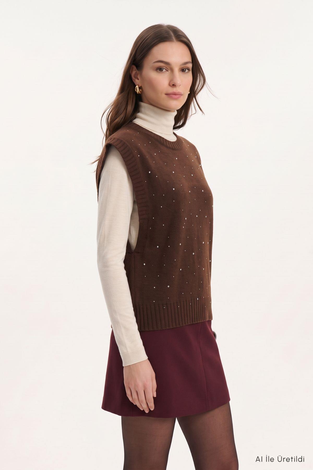 Bisiklet Yaka Taşlı Süveter 2398 Kahve - RAYS