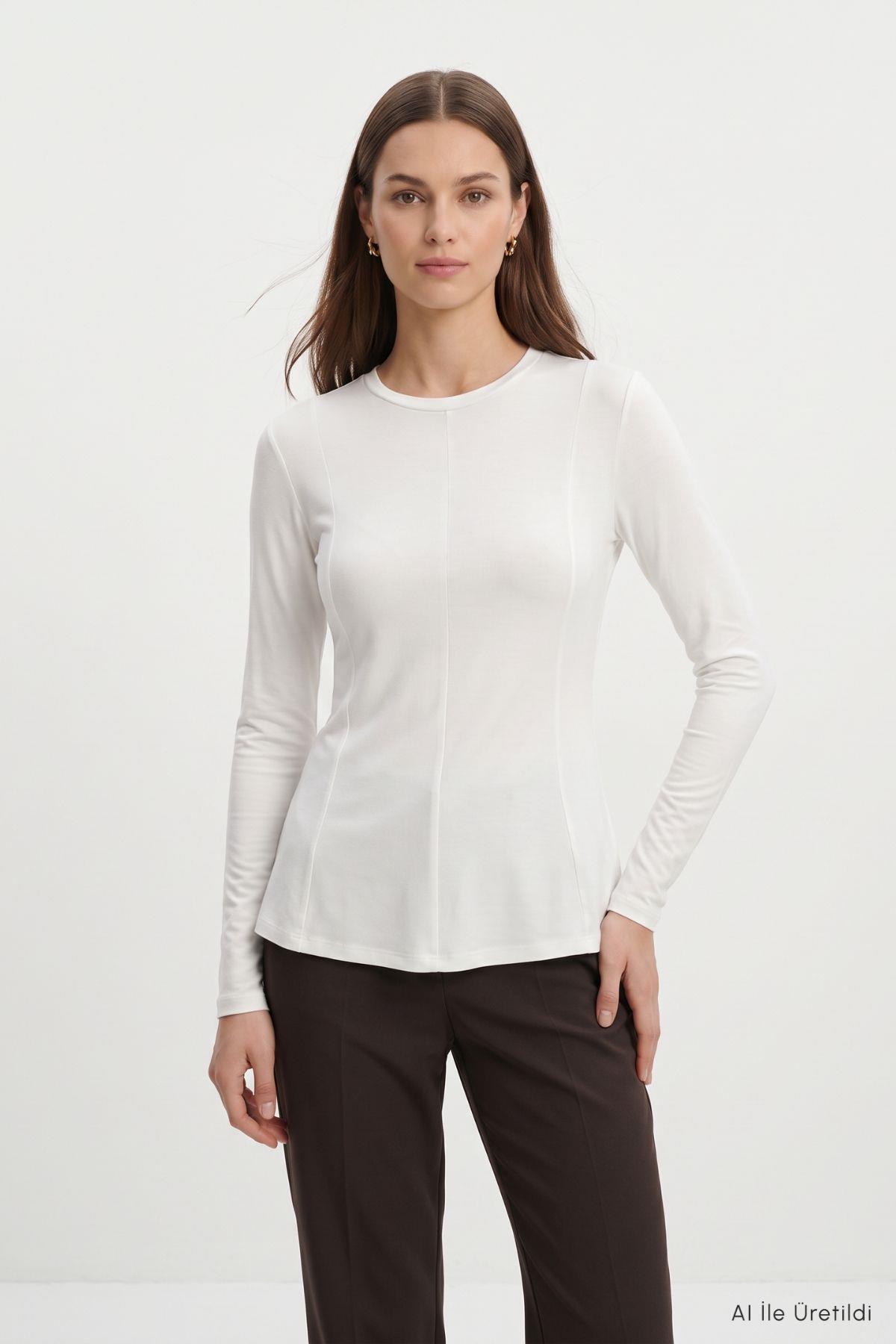 Bisiklet Yaka Uzun Kol Peplum Bluz 8402A Ekru - RAYS