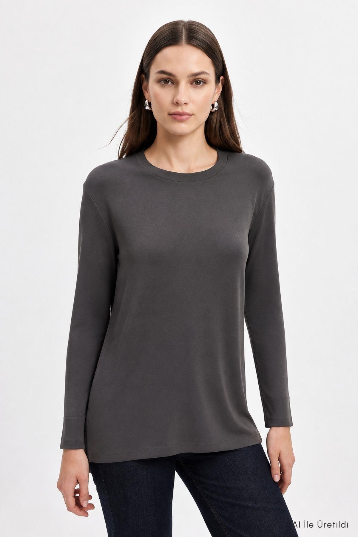Bisiklet Yaka Yırtmaçlı Tunik 8229A Füme - 1