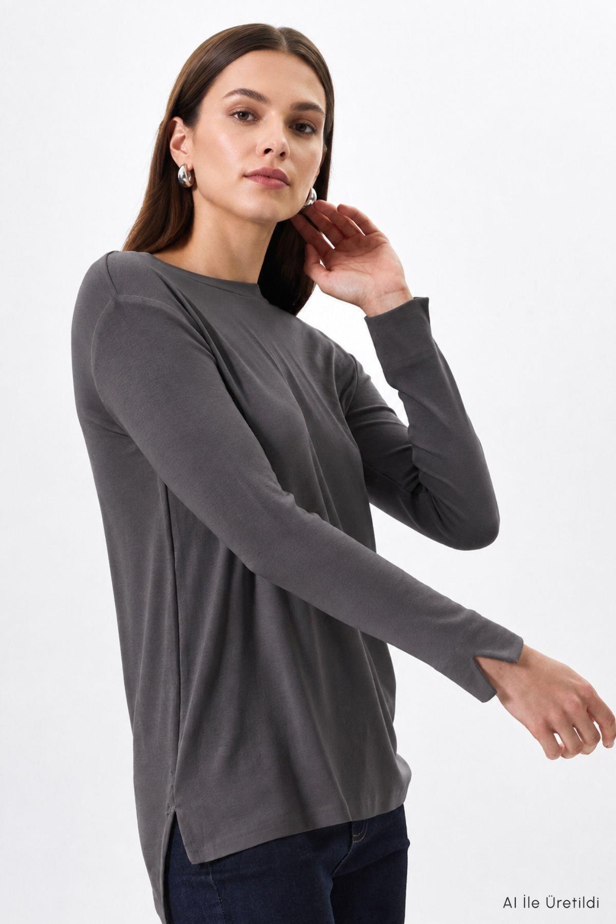 Bisiklet Yaka Yırtmaçlı Tunik 8229A Füme - RAYS