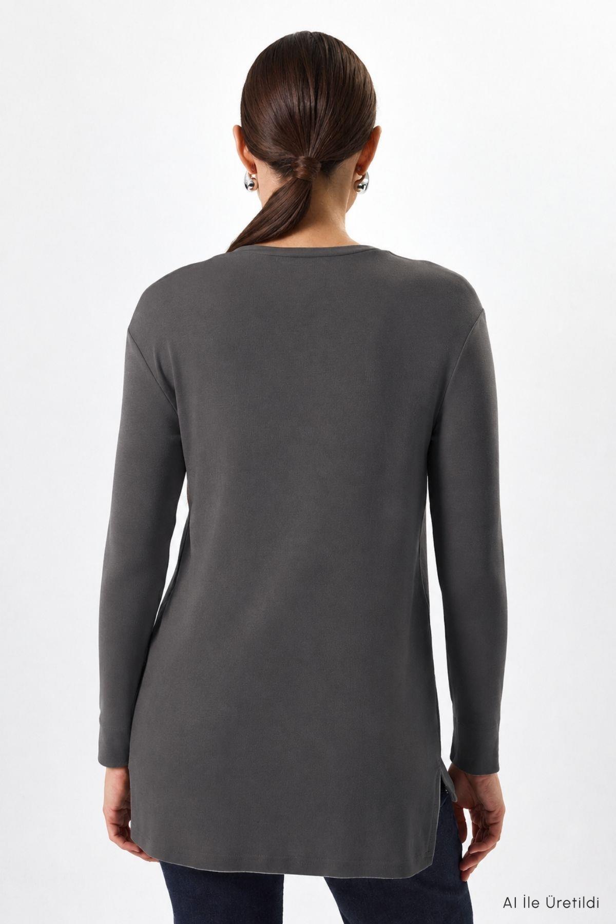 Bisiklet Yaka Yırtmaçlı Tunik 8229A Füme - RAYS