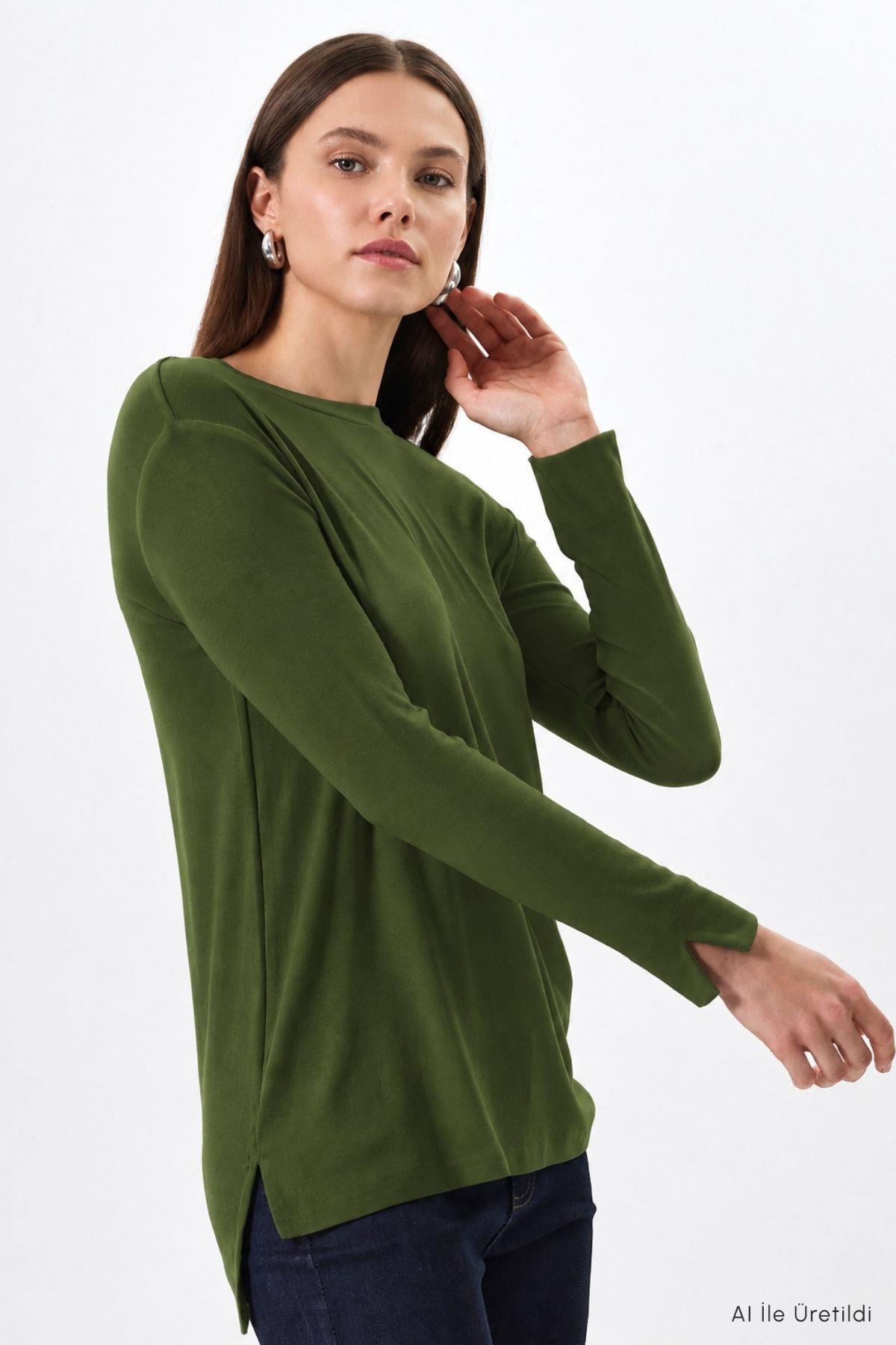 Bisiklet Yaka Yırtmaçlı Tunik 8229A Haki - RAYS