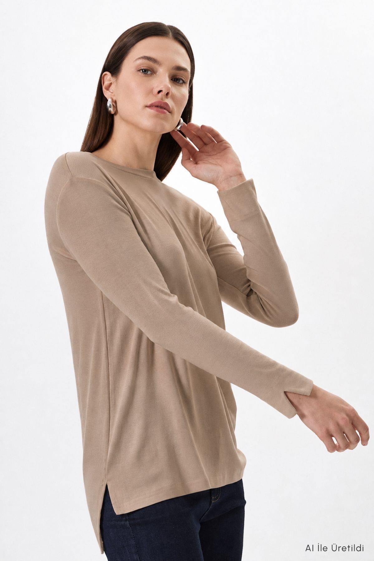 Bisiklet Yaka Yırtmaçlı Tunik 8229A Vizon - 1