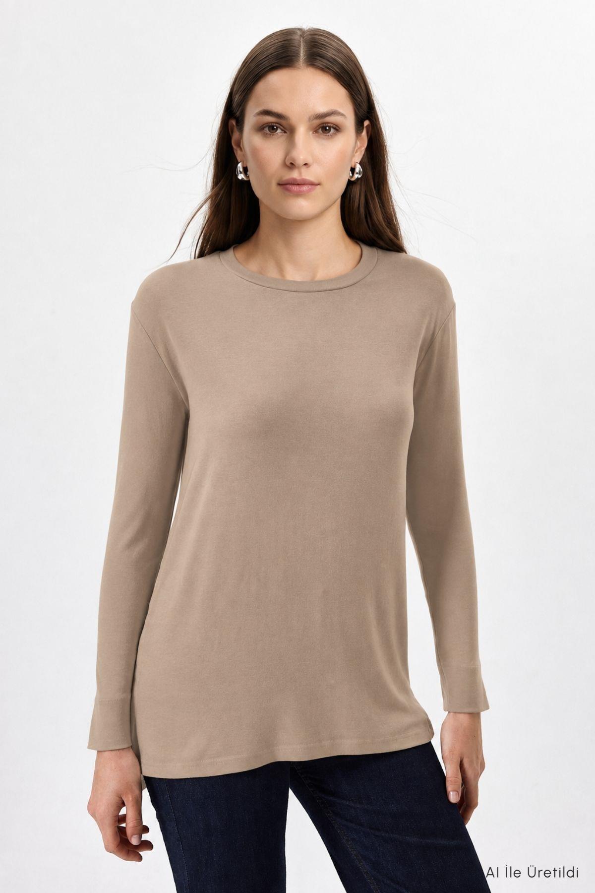 Bisiklet Yaka Yırtmaçlı Tunik 8229A Vizon - RAYS