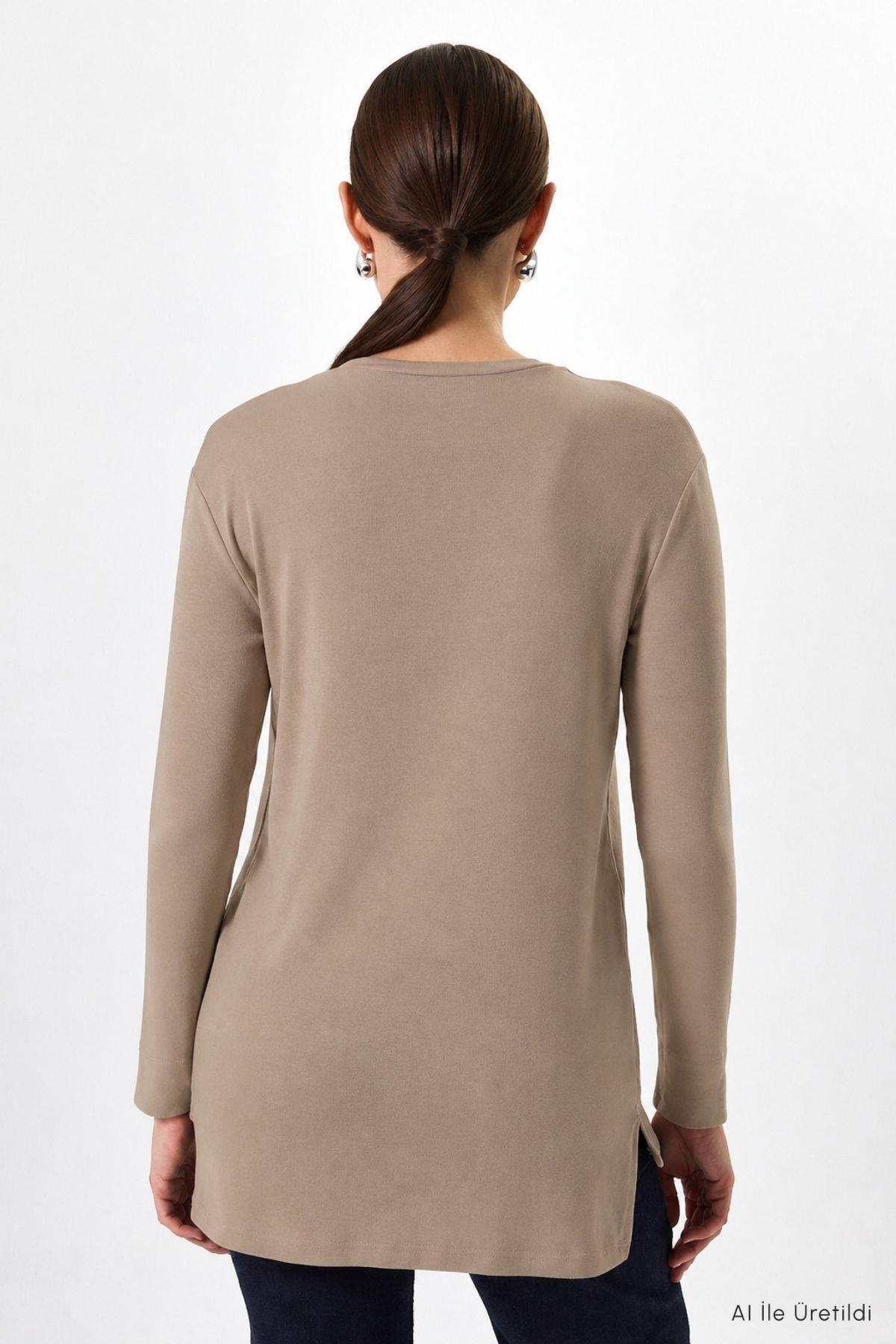 Bisiklet Yaka Yırtmaçlı Tunik 8229A Vizon - 3