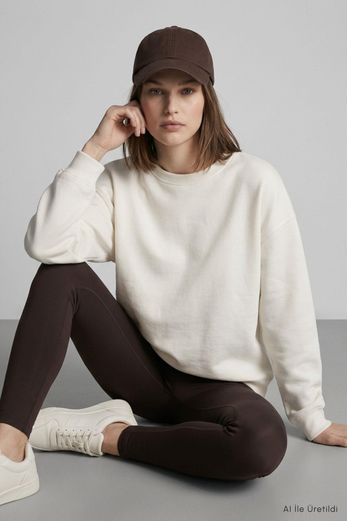 Bisiklet Yakalı Basic Oversize Sweatshirt 954 Ekru - 1