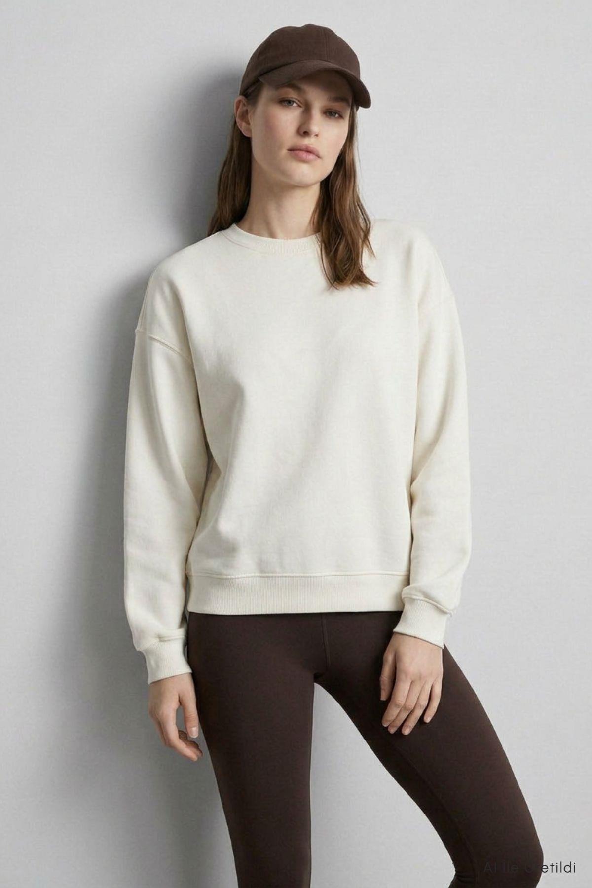 Bisiklet Yakalı Basic Oversize Sweatshirt 954 Ekru - 3