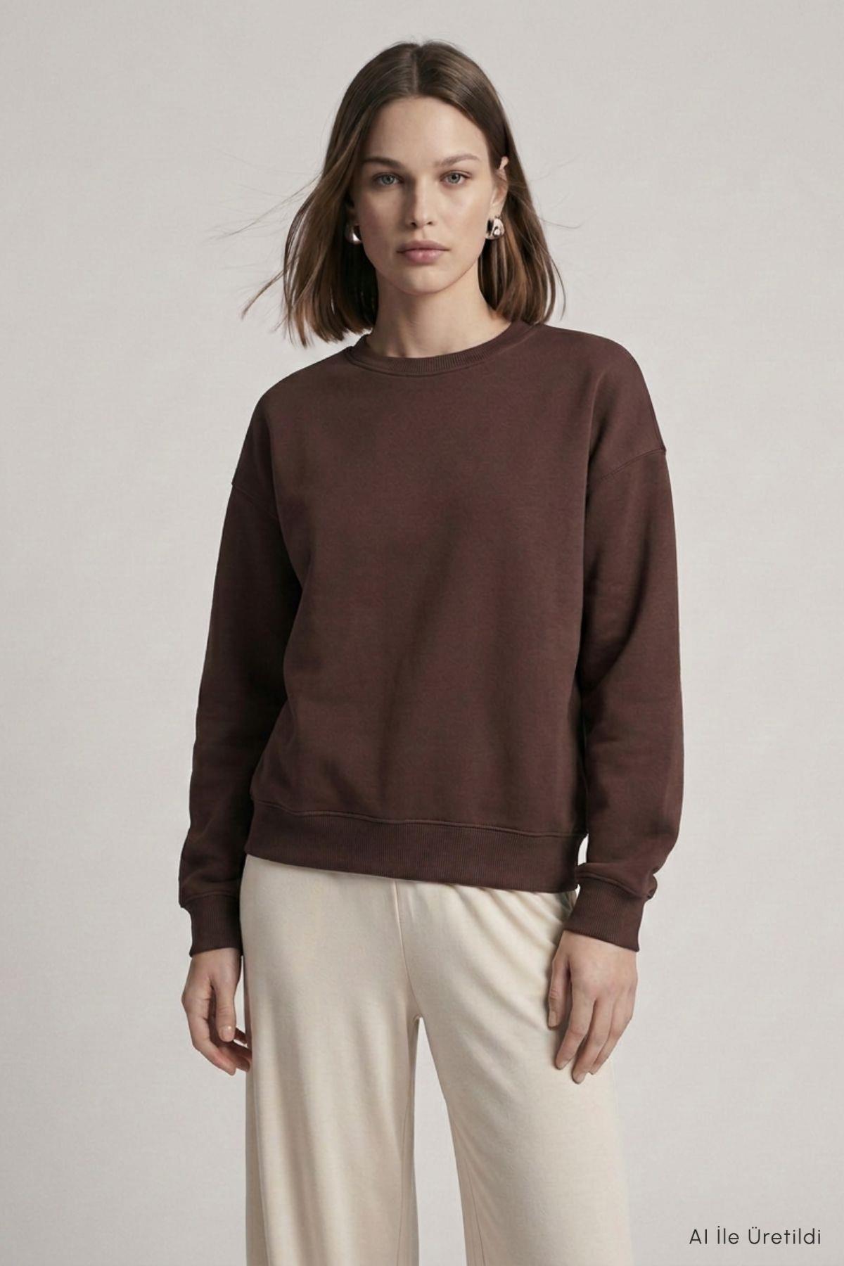 Bisiklet Yakalı Basic Oversize Sweatshirt 954 Kahve - RAYS (1)