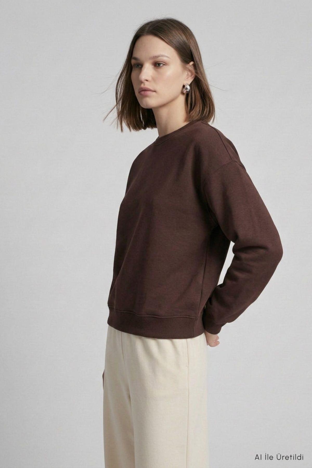 Bisiklet Yakalı Basic Oversize Sweatshirt 954 Kahve - 3