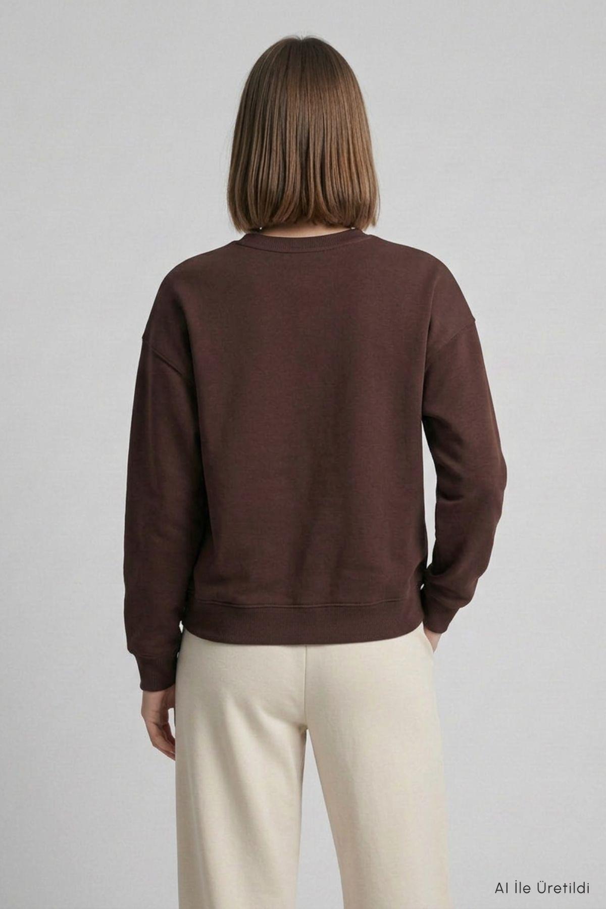 Bisiklet Yakalı Basic Oversize Sweatshirt 954 Kahve - 4