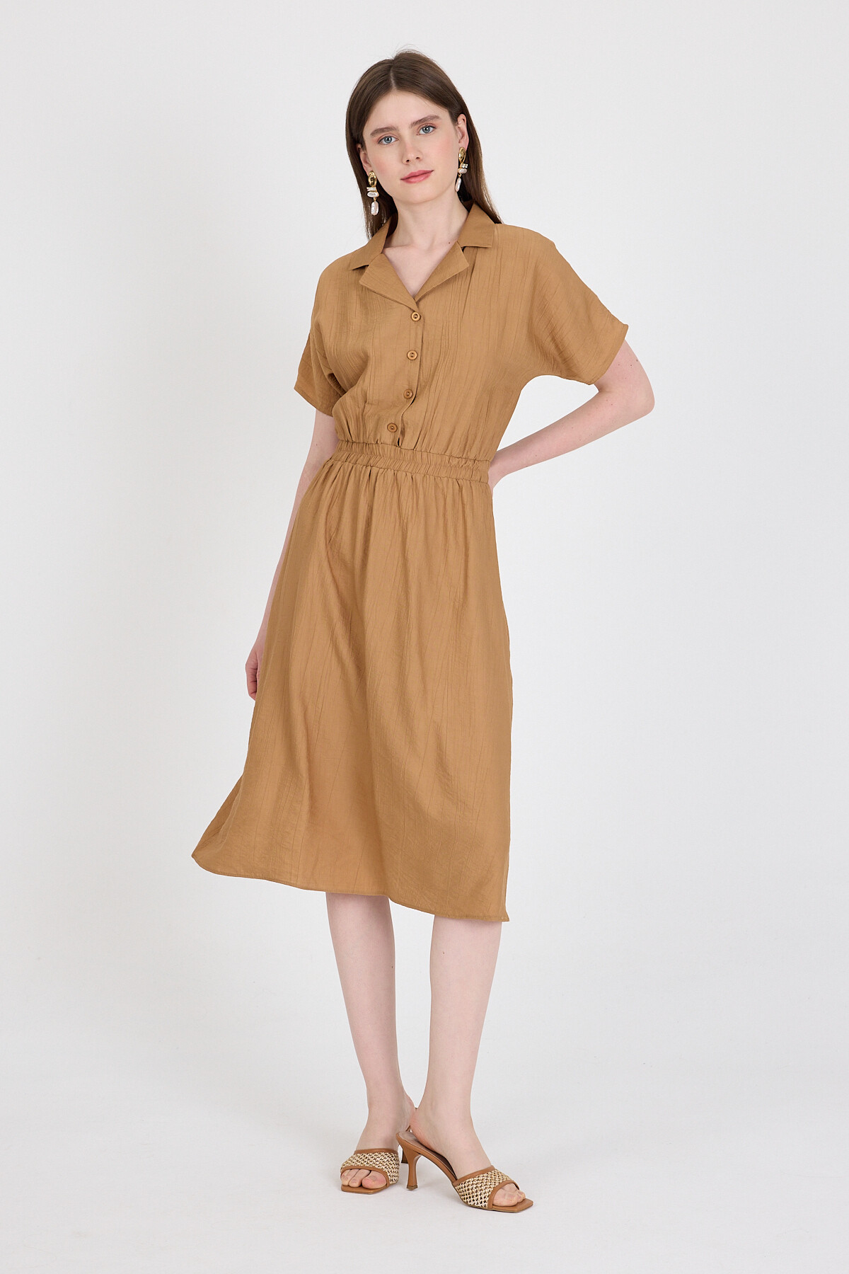 Bisküvi Beli Lastikli Gömlek Yaka Kısa Kol Midi Elbise 4475A - RAYS