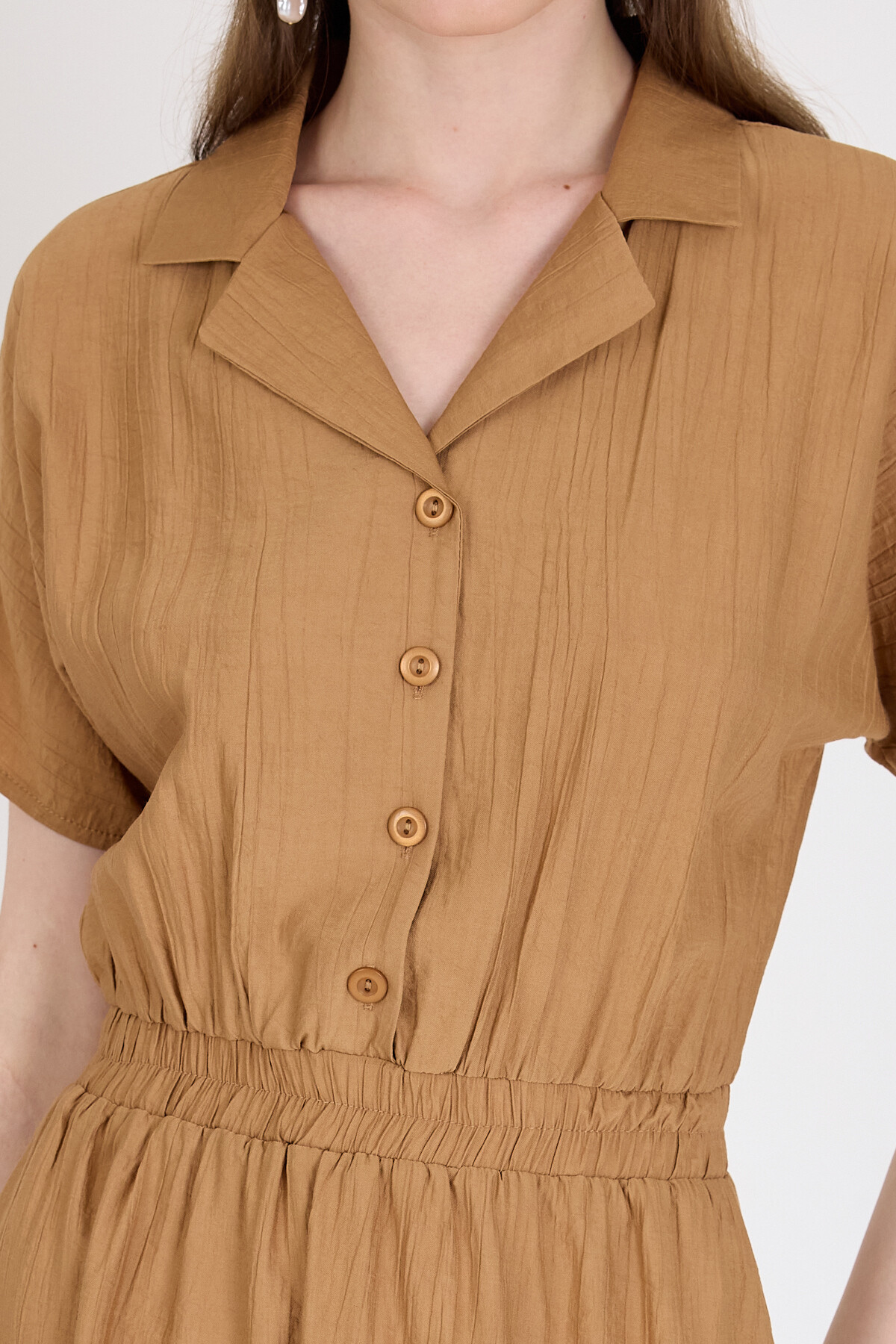 Bisküvi Beli Lastikli Gömlek Yaka Kısa Kol Midi Elbise 4475A - RAYS