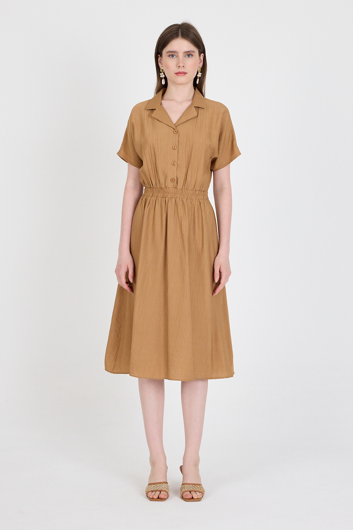 Bisküvi Beli Lastikli Gömlek Yaka Kısa Kol Midi Elbise 4475A 