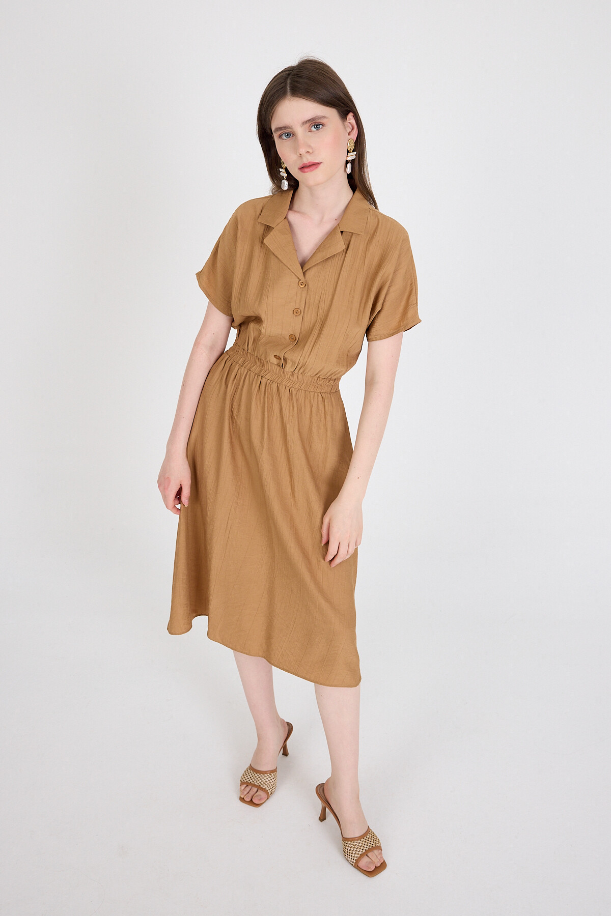 Bisküvi Beli Lastikli Gömlek Yaka Kısa Kol Midi Elbise 4475A - 6