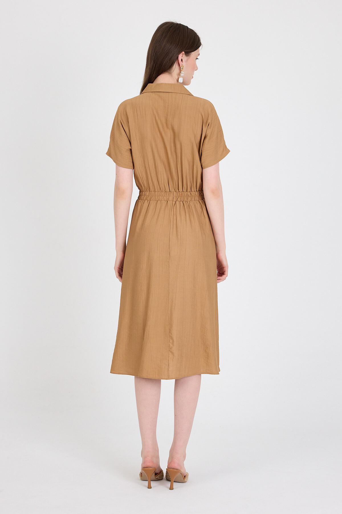 Bisküvi Beli Lastikli Gömlek Yaka Kısa Kol Midi Elbise 4475A - 5