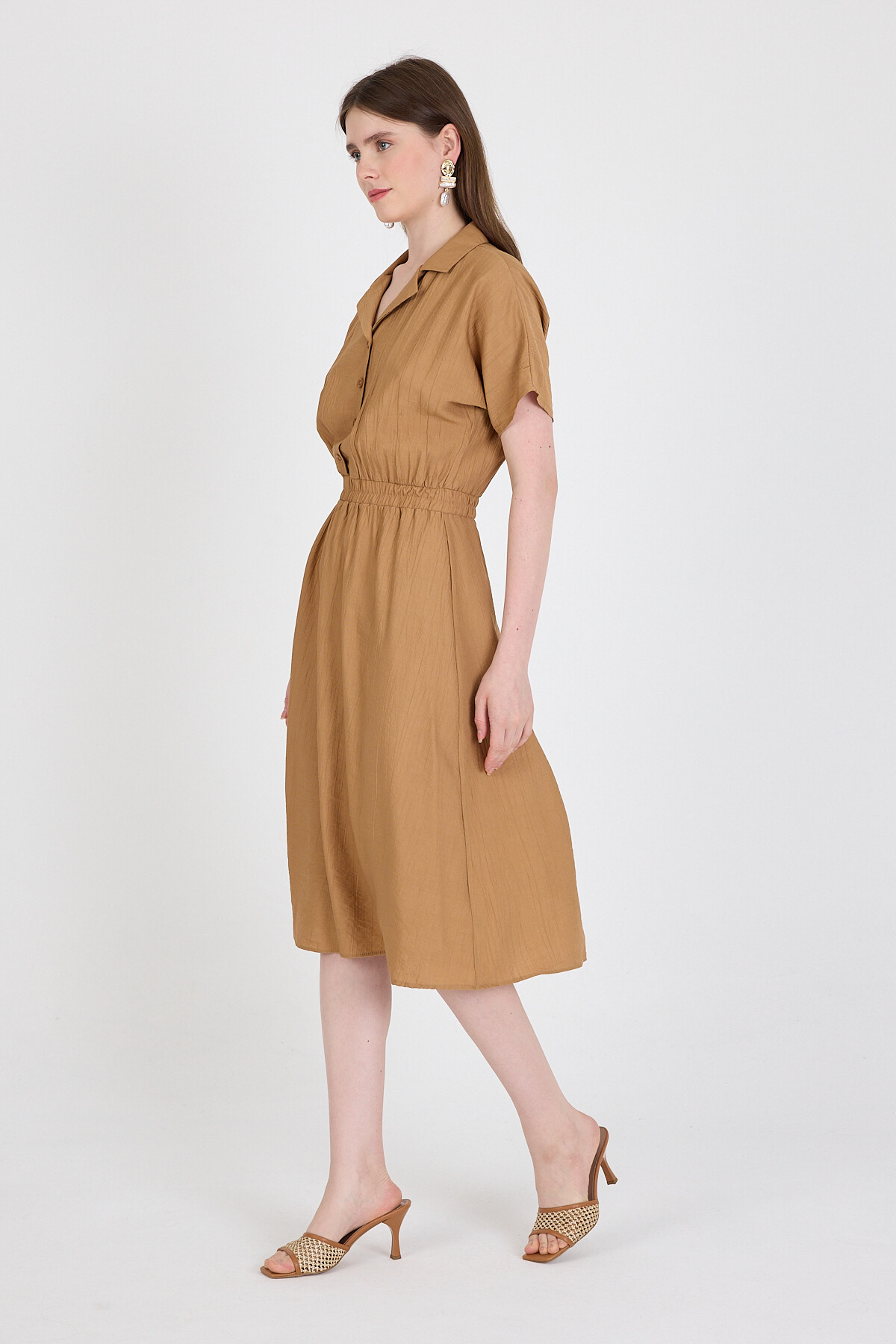 Bisküvi Beli Lastikli Gömlek Yaka Kısa Kol Midi Elbise 4475A - 3