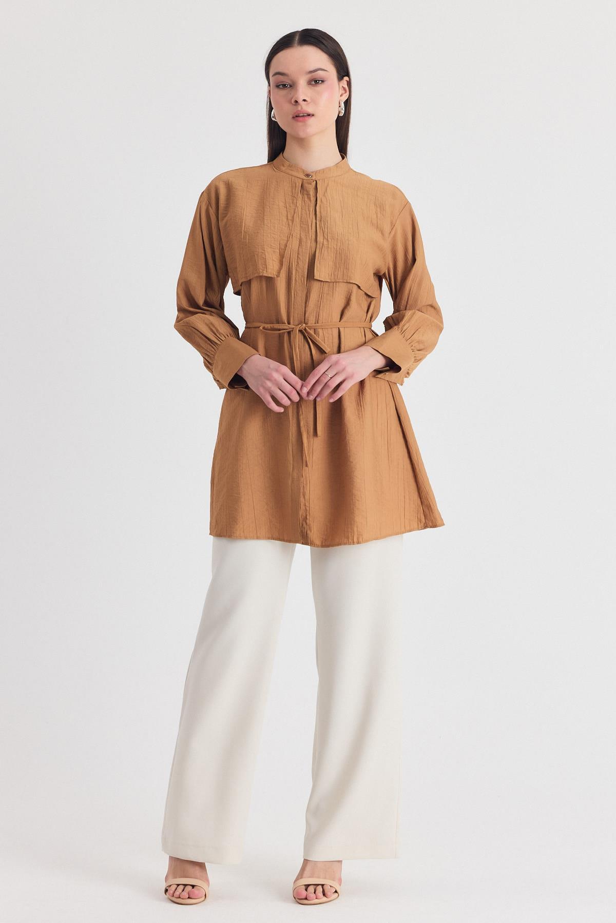 Bisküvi Parça Detaylı İp Bağcıklı Gömlek 4553A - RAYS