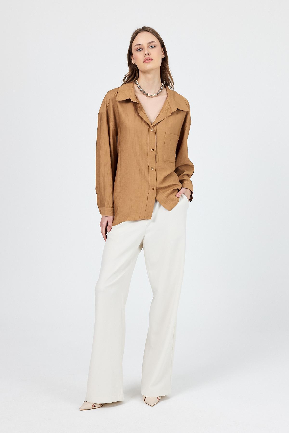 Bisküvi Tek Cep Detaylı Dokuma Gömlek 4641A - 2