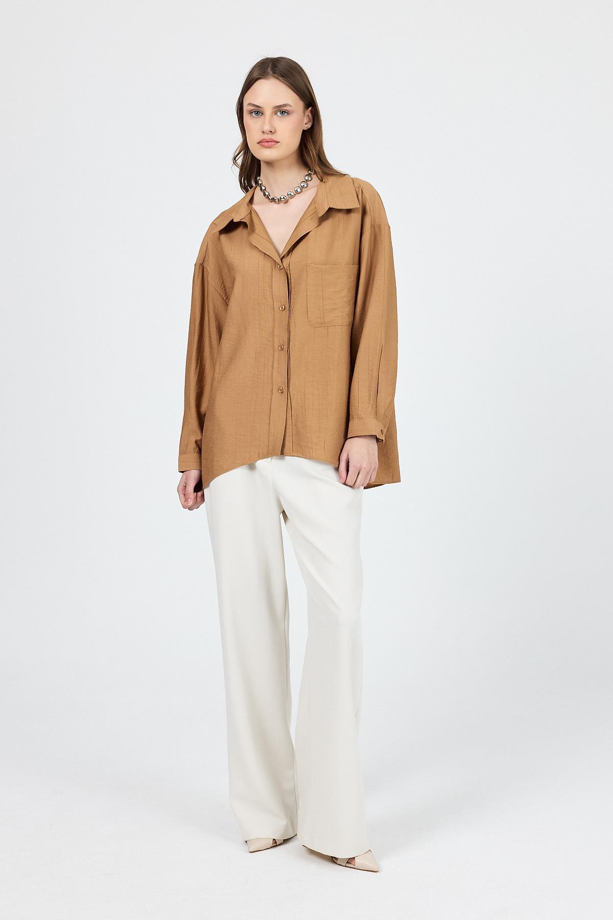 Bisküvi Tek Cep Detaylı Dokuma Gömlek 4641A - 6