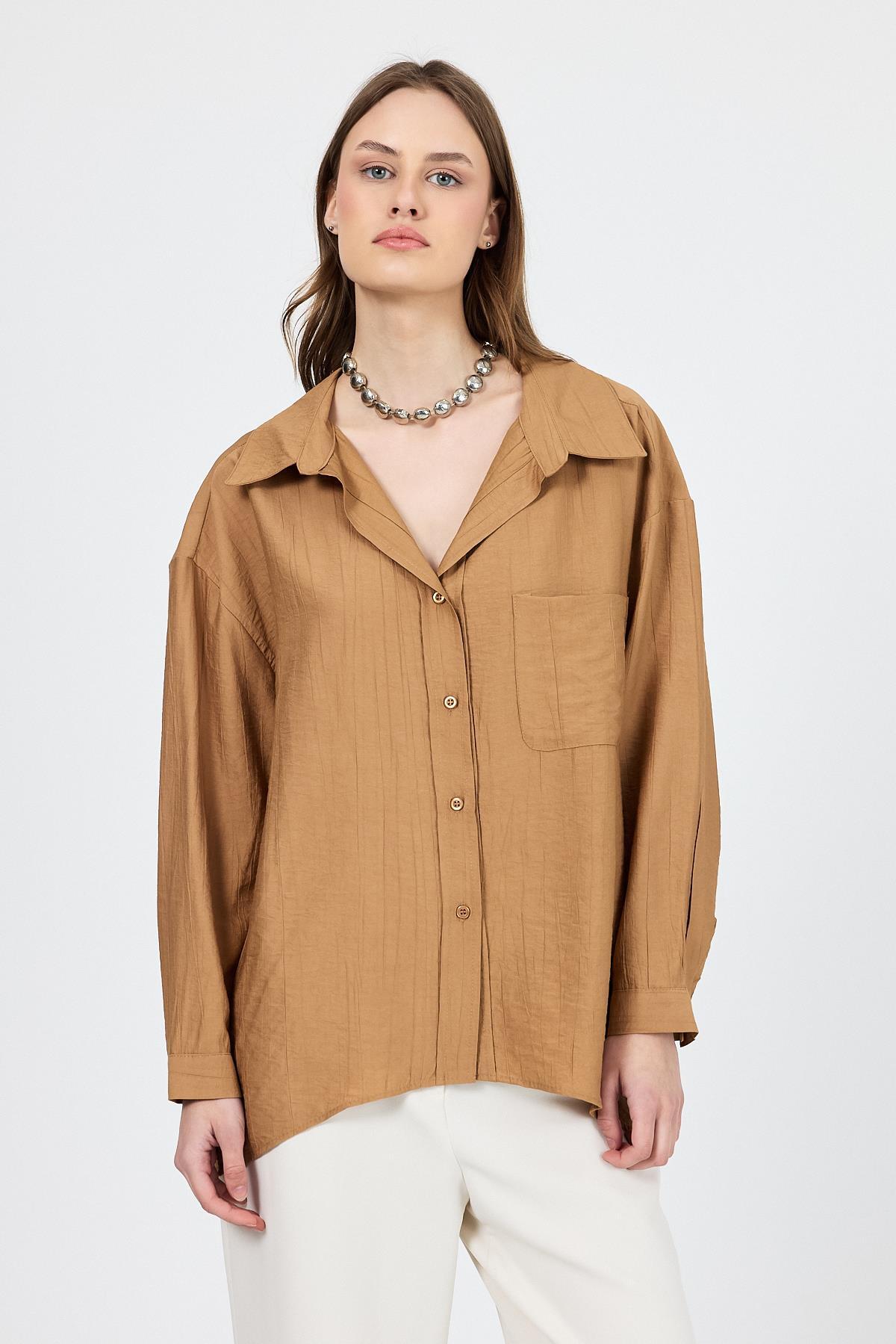Bisküvi Tek Cep Detaylı Dokuma Gömlek 4641A - 8