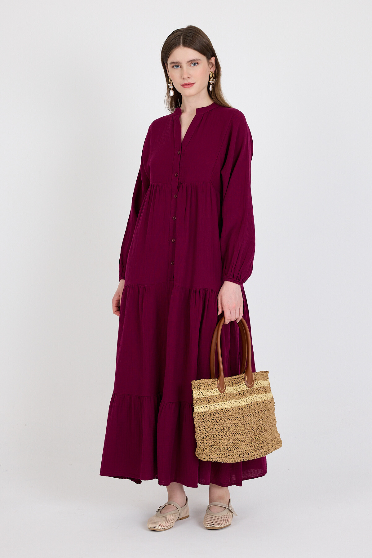 Bordo %100 Pamuk Düğmeli Kat Etekli Uzun Kollu Elbise 4782A - RAYS