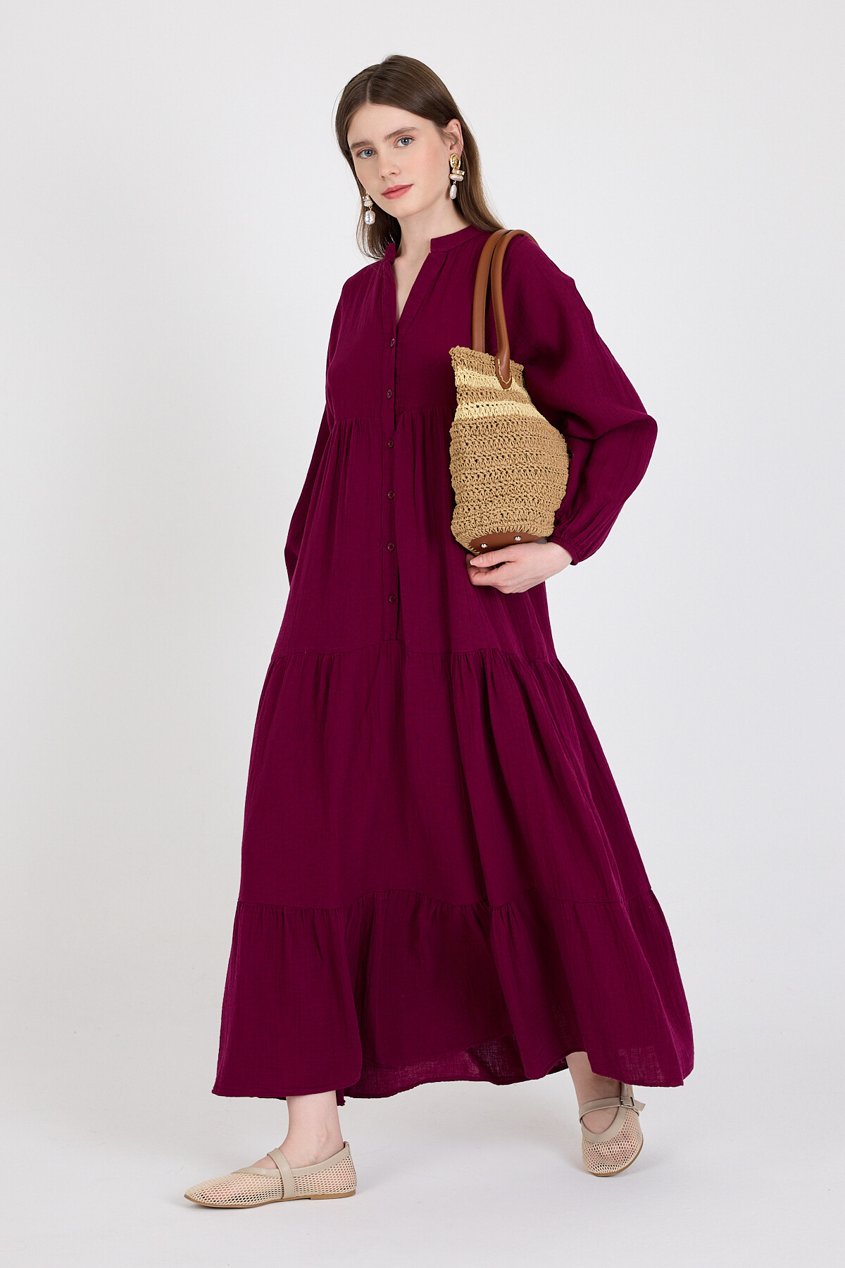 Bordo %100 Pamuk Düğmeli Kat Etekli Uzun Kollu Elbise 4782A - RAYS