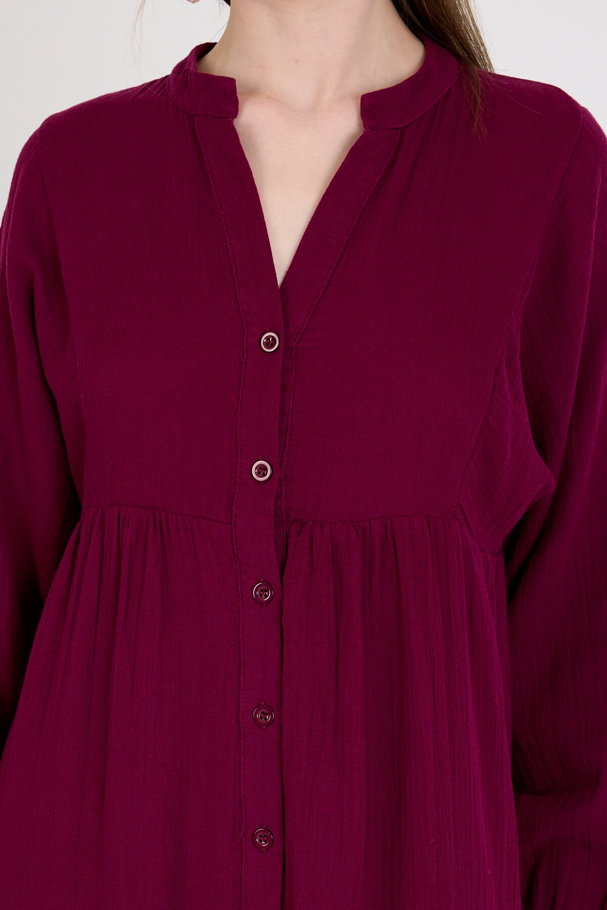 Bordo %100 Pamuk Düğmeli Kat Etekli Uzun Kollu Elbise 4782A - RAYS