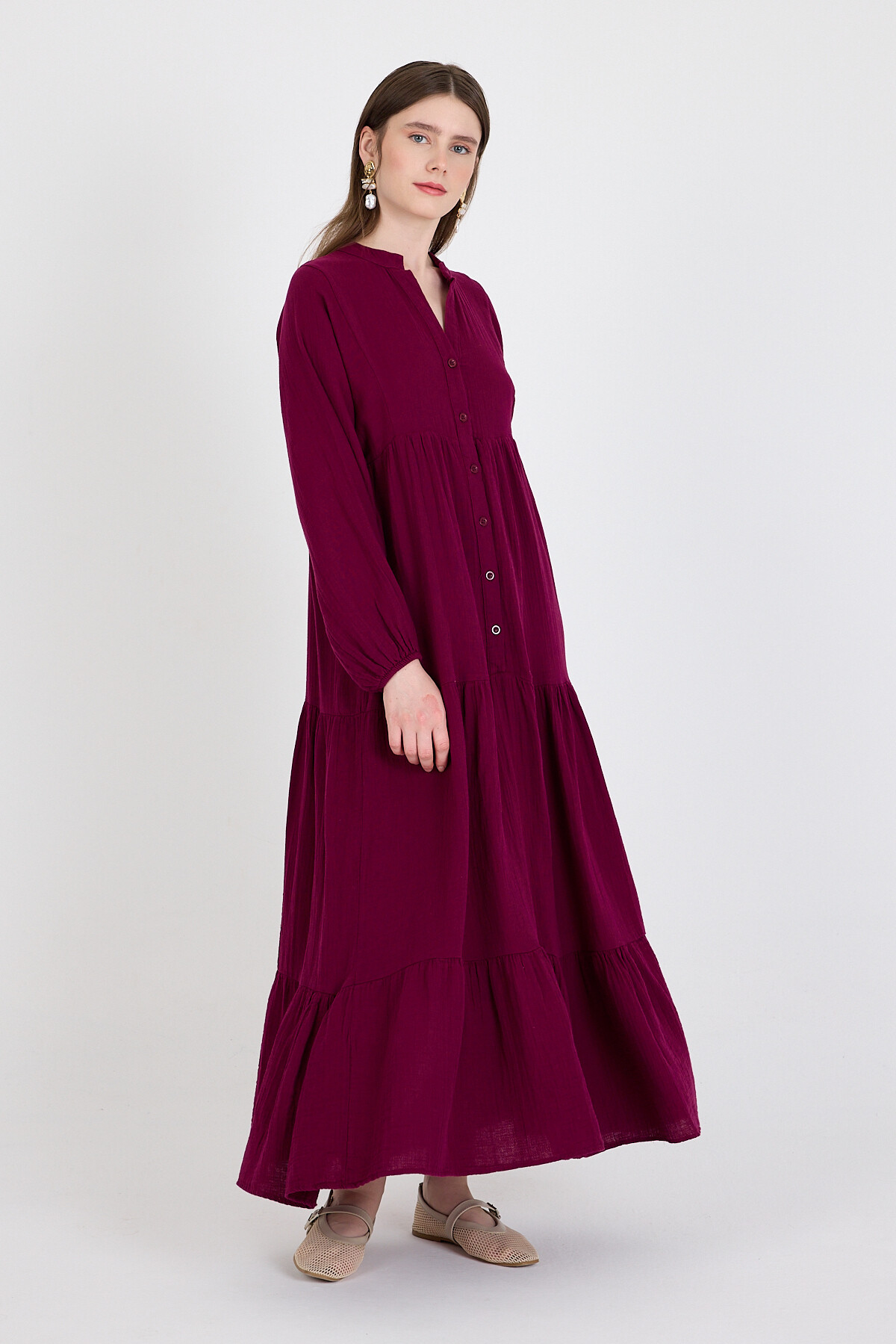 Bordo %100 Pamuk Düğmeli Kat Etekli Uzun Kollu Elbise 4782A - 7