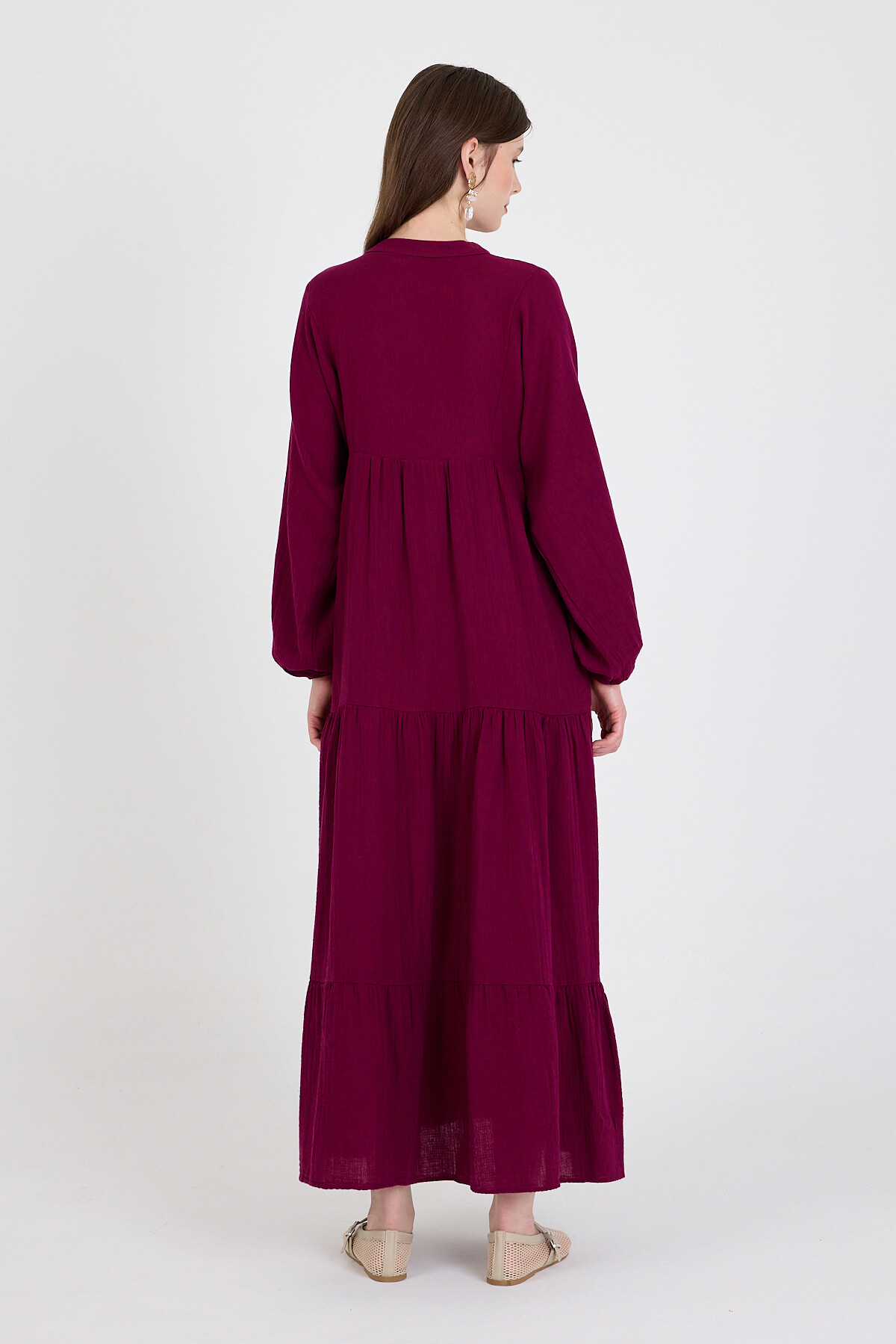 Bordo %100 Pamuk Düğmeli Kat Etekli Uzun Kollu Elbise 4782A - 5