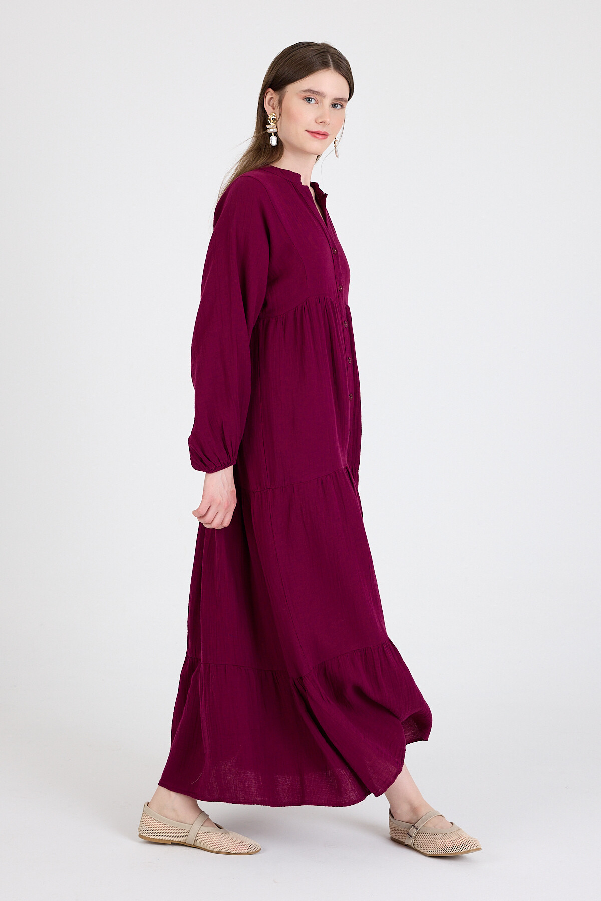 Bordo %100 Pamuk Düğmeli Kat Etekli Uzun Kollu Elbise 4782A - 6
