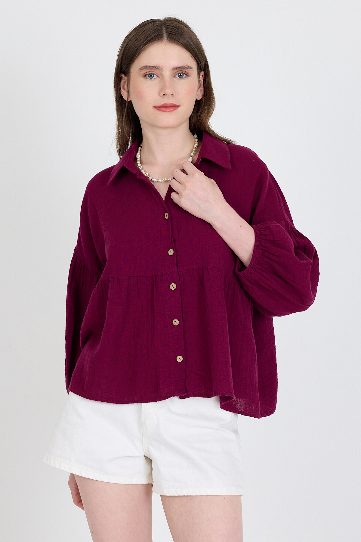 Bordo %100 Pamuk Keten Görünümlü Düğmeli Gömlek 4783A - 4